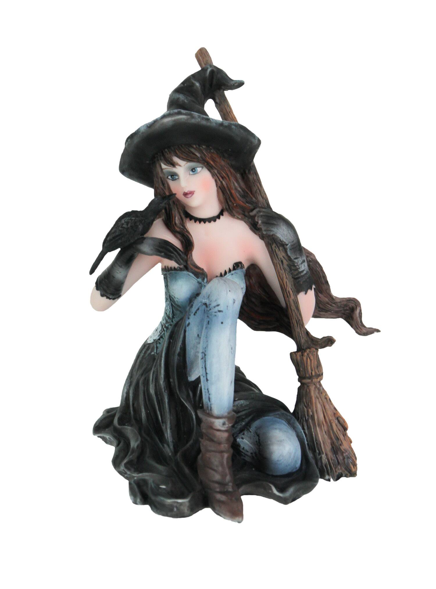 Front. Everspring Import Co. - Sitting Witch Holding Broomstick w/Black Raven Figurine Statue - Multicolored.