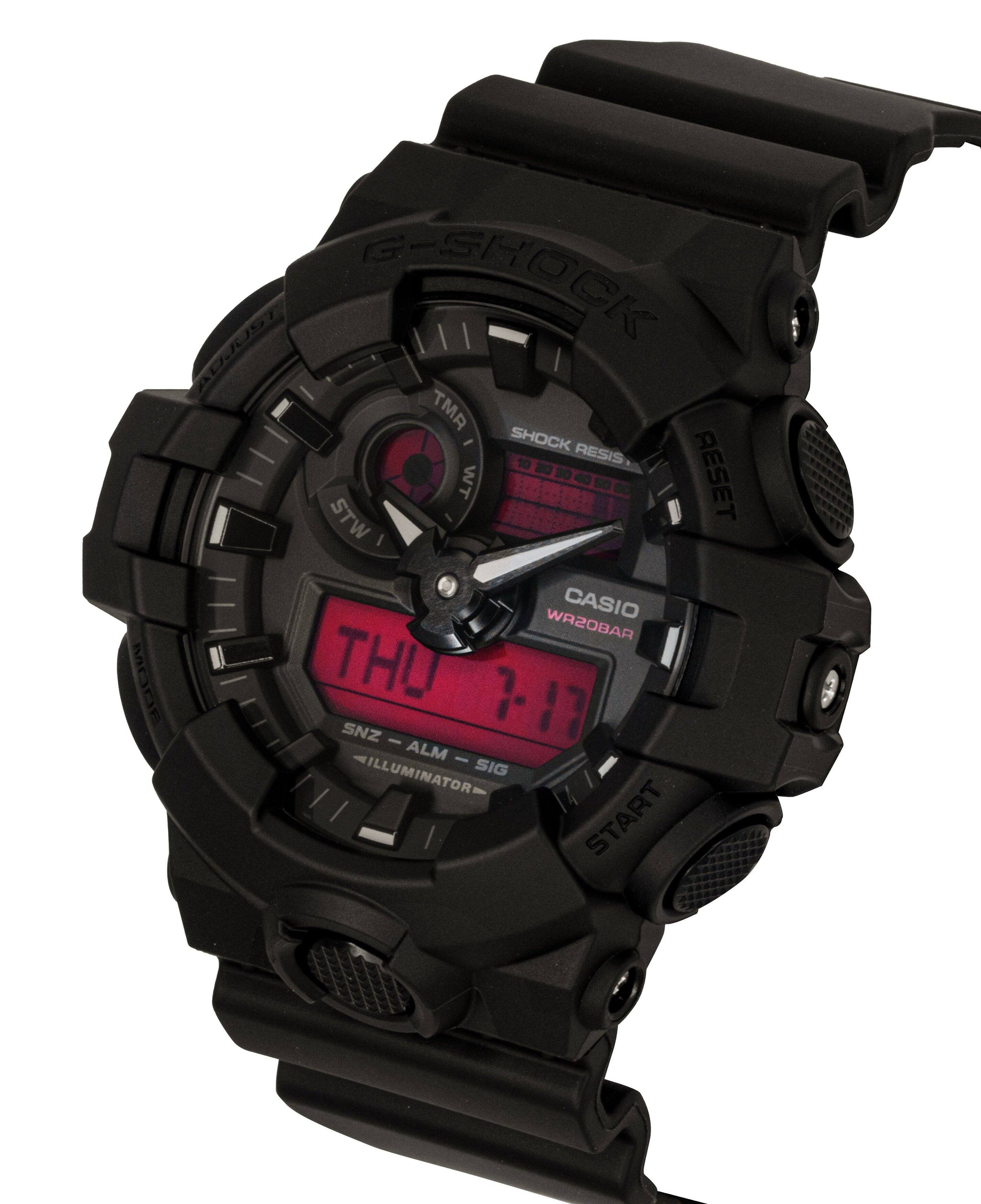 Sure, here is the corrected and grouped text from the image:

- G-SHOCK
- SHOCK RESIST
- WR20BAR
- CASIO
- THU 7-17
- SNZ - ALM - ILLUMINATOR
- START
- RESET
- MODE
- TMR / WT
- STW
- ADJUST