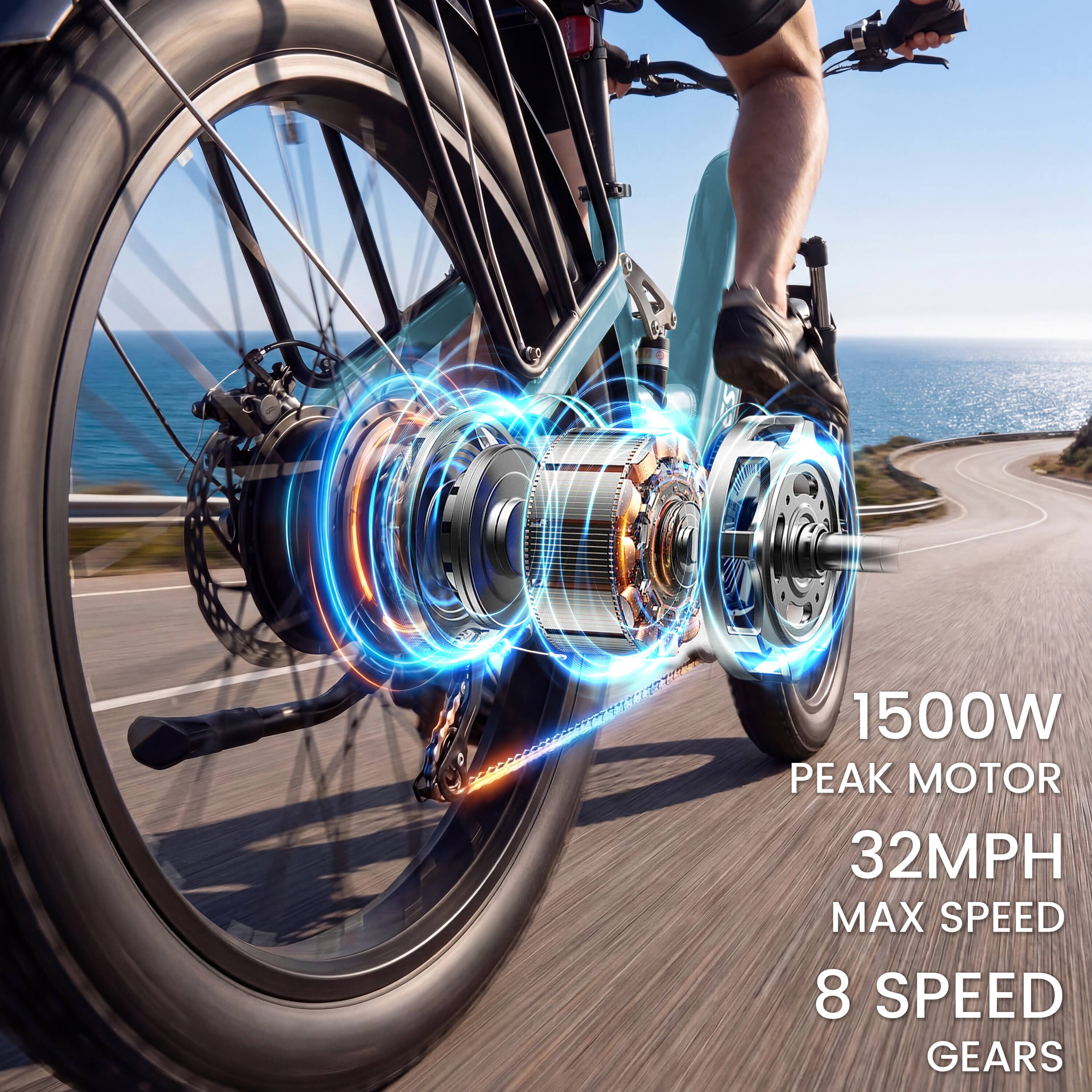 1500W Peak Motor  
32MPH Max Speed  
8 Speed Gears
