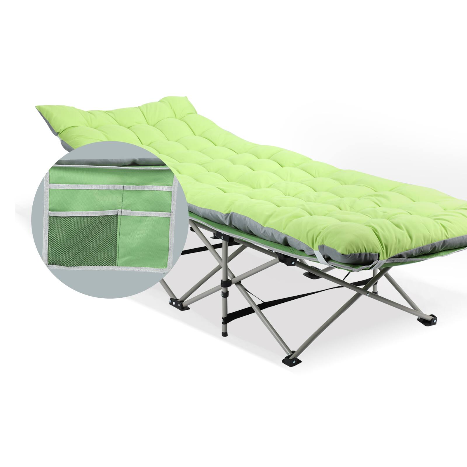 Back. Oumilen - Folding Camping Cot with Padded Mattress, 600 LB Heavy Duty Portable Outdoor Bed - Green.