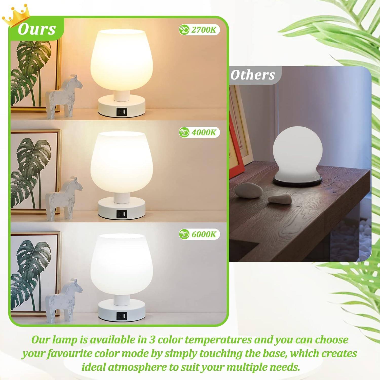 Ours  
2700K  
4000K  
6000K  

Others  

Our lamp is available in 3 color temperatures and you can choose your favourite color mode by simply touching the base, which creates ideal atmosphere to suit your multiple needs.