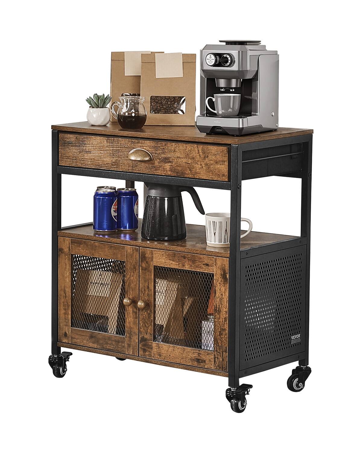 VEVOR - Coffee Bar Cabinet, 24 Inch Farmhouse Coffee Bar Cabinet with Storage, Movable Coffee Bar Table with Wheels & Mesh Door - Brown + Black