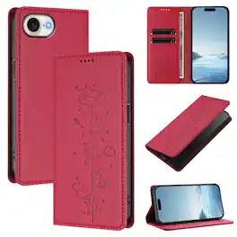 Dteck - for Apple iPhone 17e / 16e Slim Folio Case,Cute Cat Embossed PU Leather RFID Blocking Wallet Flip Card Holder Cover - Red
