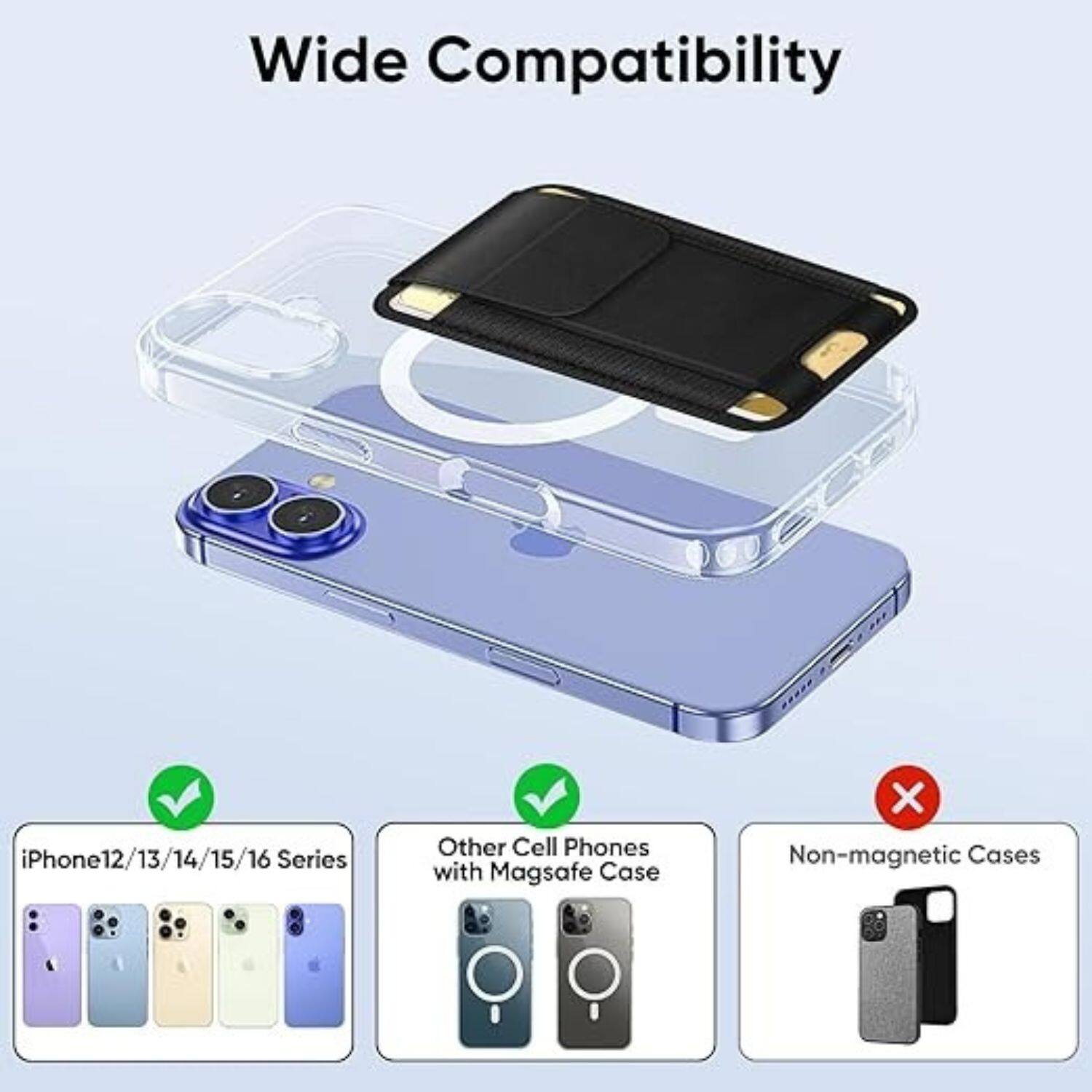 Wide Compatibility

- iPhone 12/13/14/15/16 Series
- Other Cell Phones with Magsafe Case
- Non-magnetic Cases