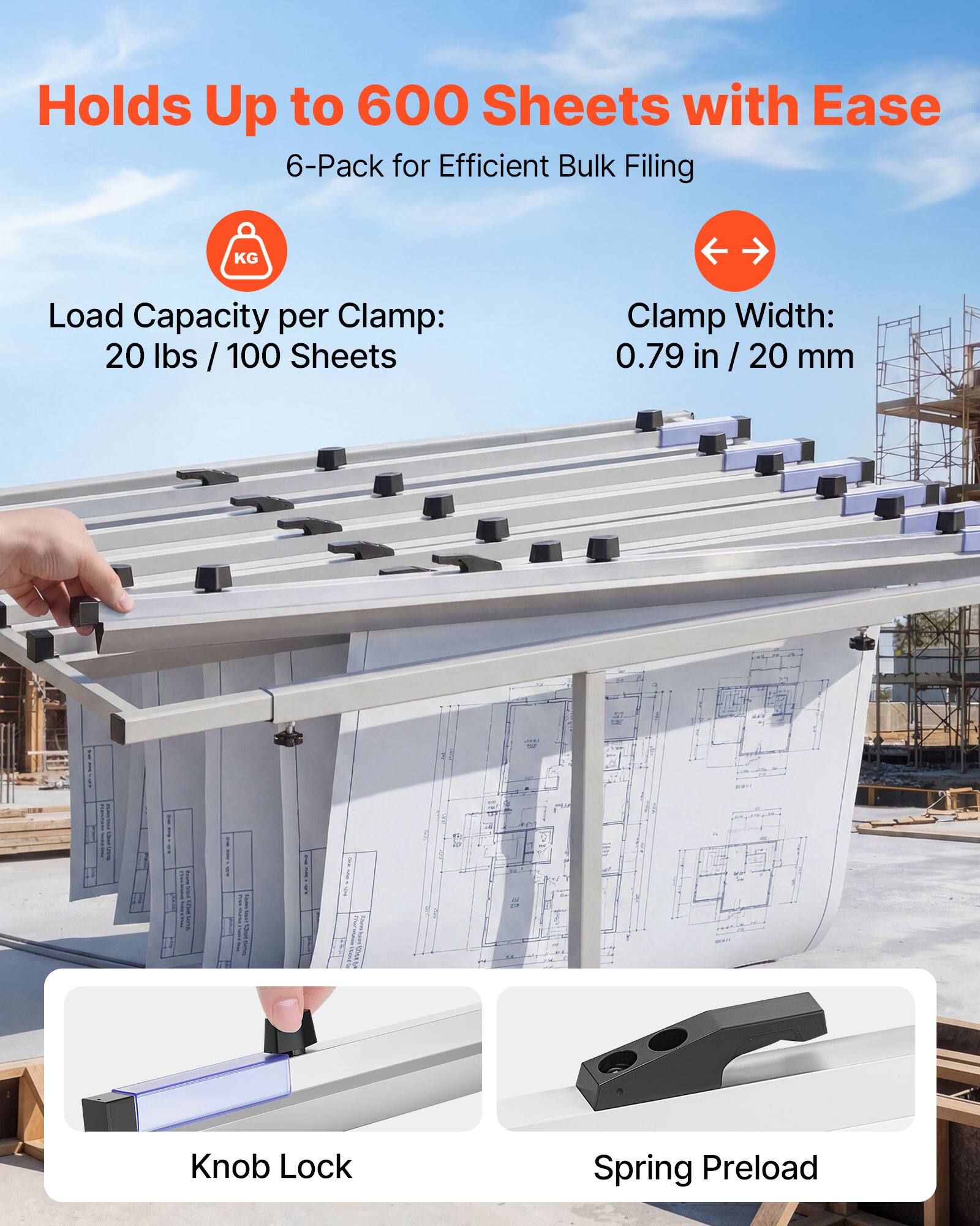 Holds Up to 600 Sheets with Ease  
6-Pack for Efficient Bulk Filing  

Load Capacity per Clamp:  
20 lbs / 100 Sheets  

Clamp Width:  
0.79 in / 20 mm  

Knob Lock  
Spring Preload