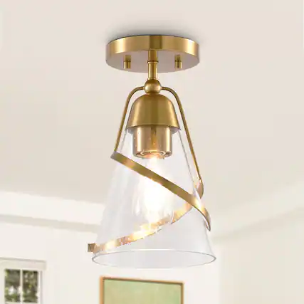 Front. Parrot Uncle - 7” Gold Glass Shade Semi-Flush Mount Ceiling Light - Gold.