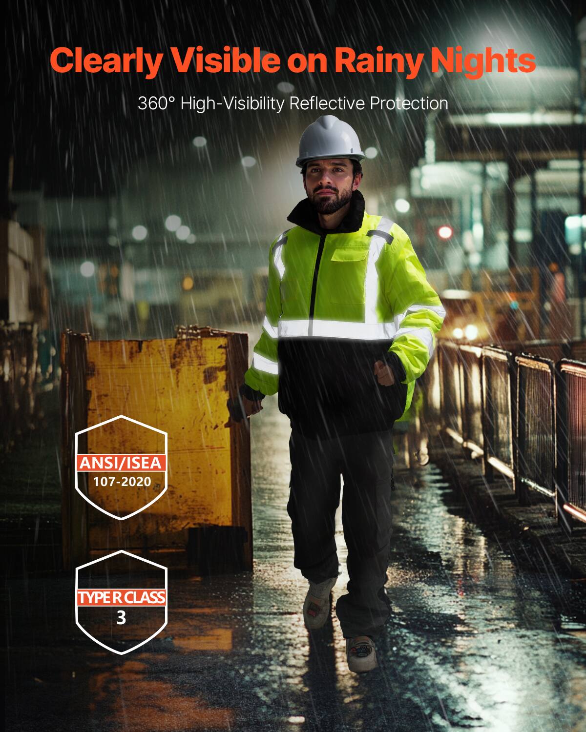 Clearly Visible on Rainy Nights  
360° High-Visibility Reflective Protection  
ANSI/ISEA 107-2020  
TYPE R CLASS 3