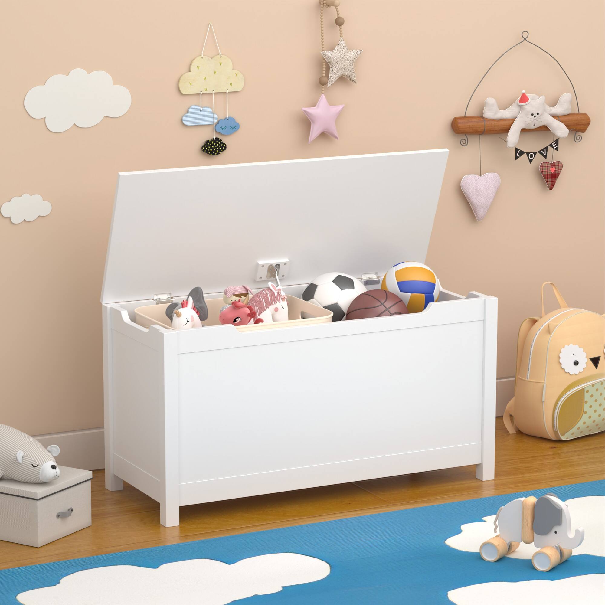 Alt View 1. Ecooso - Kids Toy Storage Organizer, Wooden Toy Box with Safety Hinged Lid for Ages 2+, Nursery and Playroom Storage Cabinet - White.