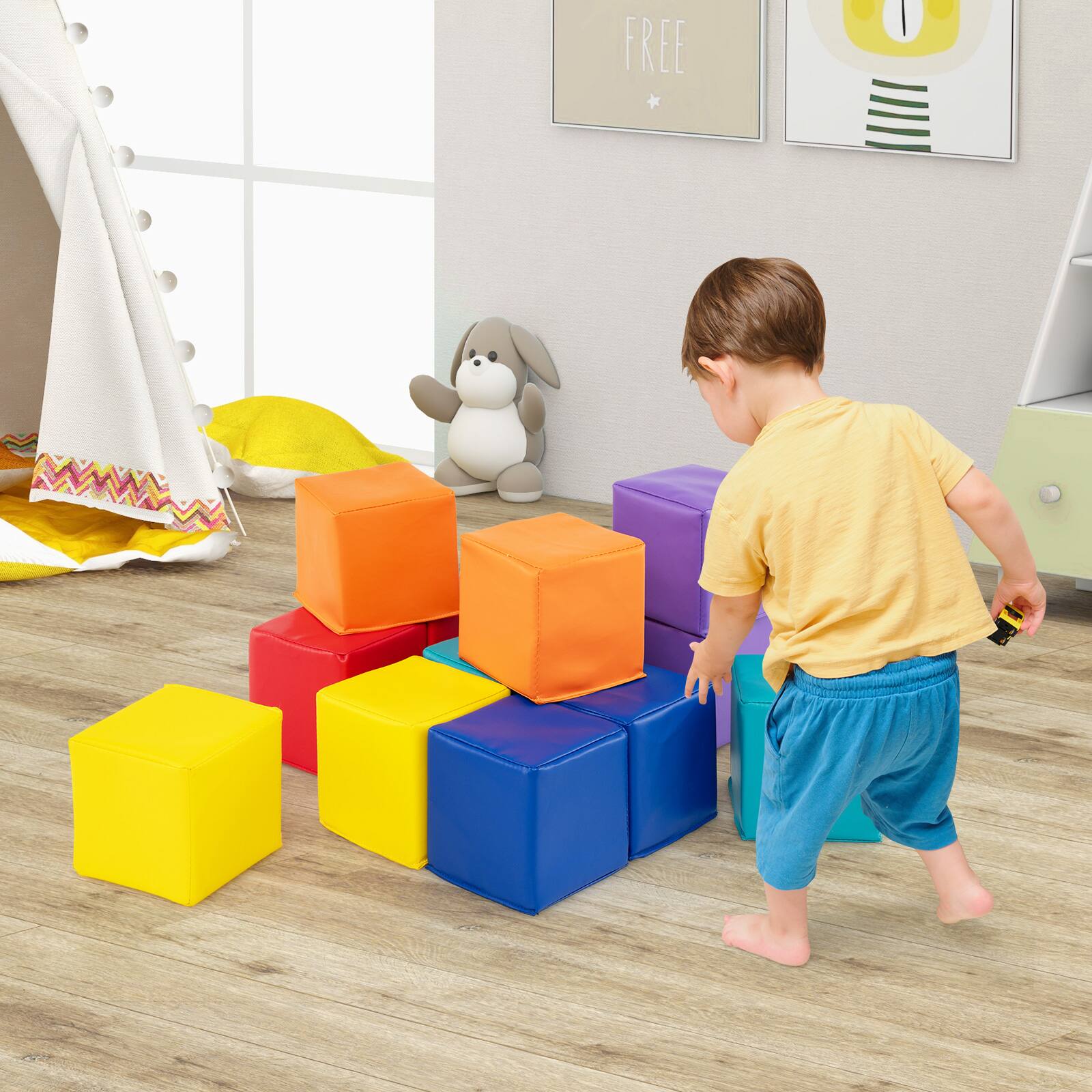 Alt View 4. Gymax - Gymax 12 PCS Foam Building Blocks 55'' x 55'' Colorful Climbing Foam Soft Cubes - Multicolor.