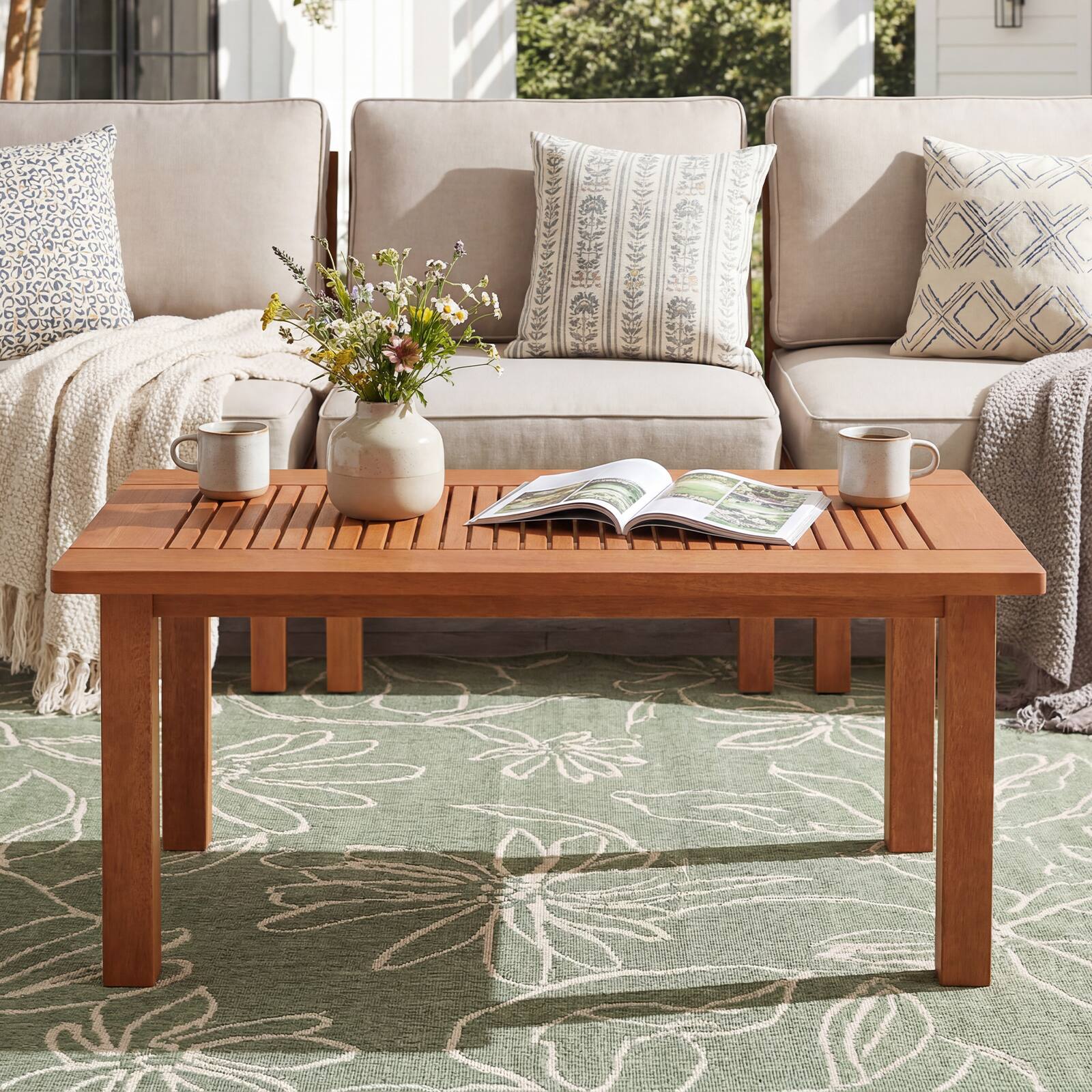 Alt View 4. Costway - Costway 35.5 Inch Outdoor Coffee Table with Slatted Top, Teak Oil Finish for Deck, Garden - Brown.