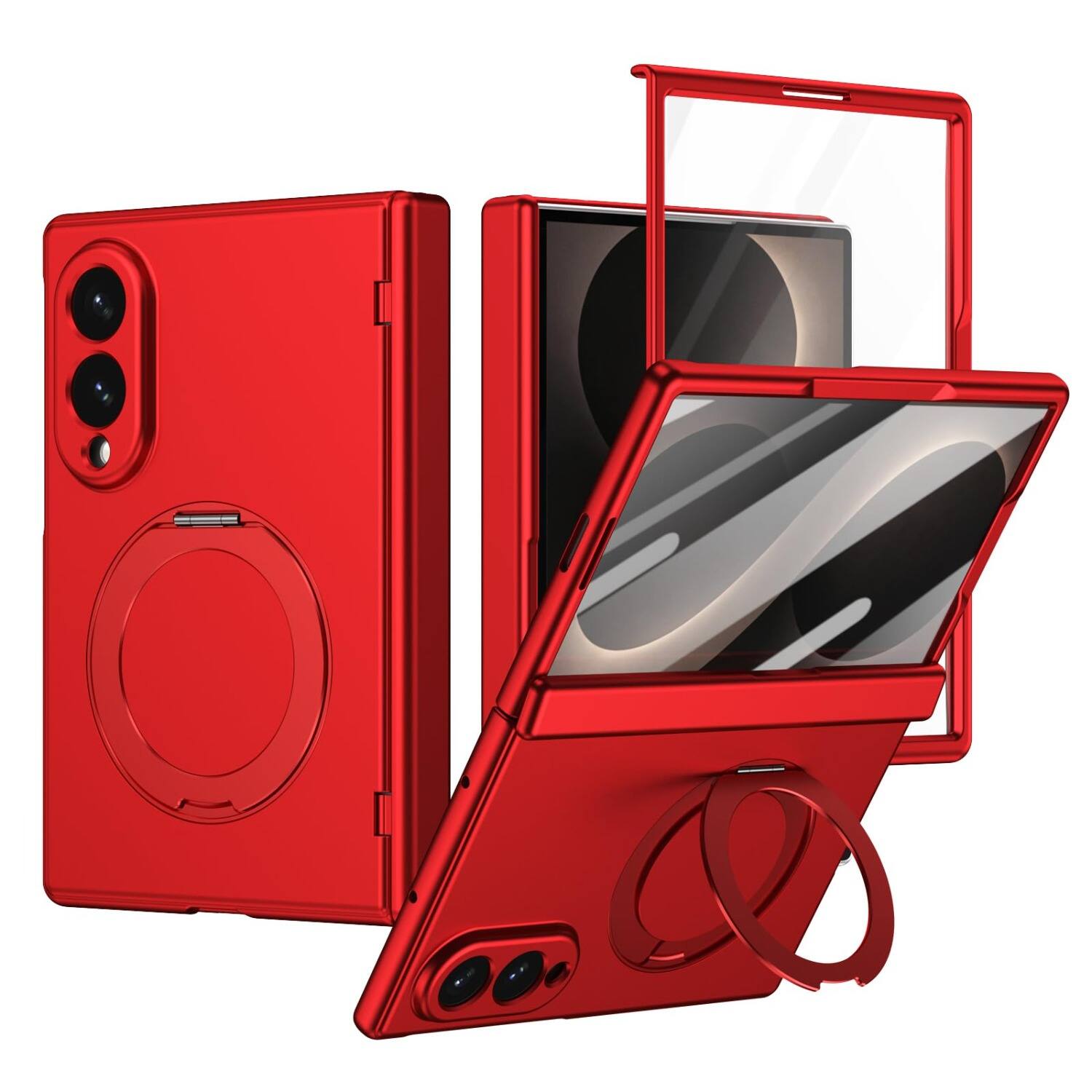 Dteck - For Samsung Galaxy Z Fold8 Rugged Case With Screen Protector, Shockproof Magnetic Ring Stand Hinge Protection Cover - Red