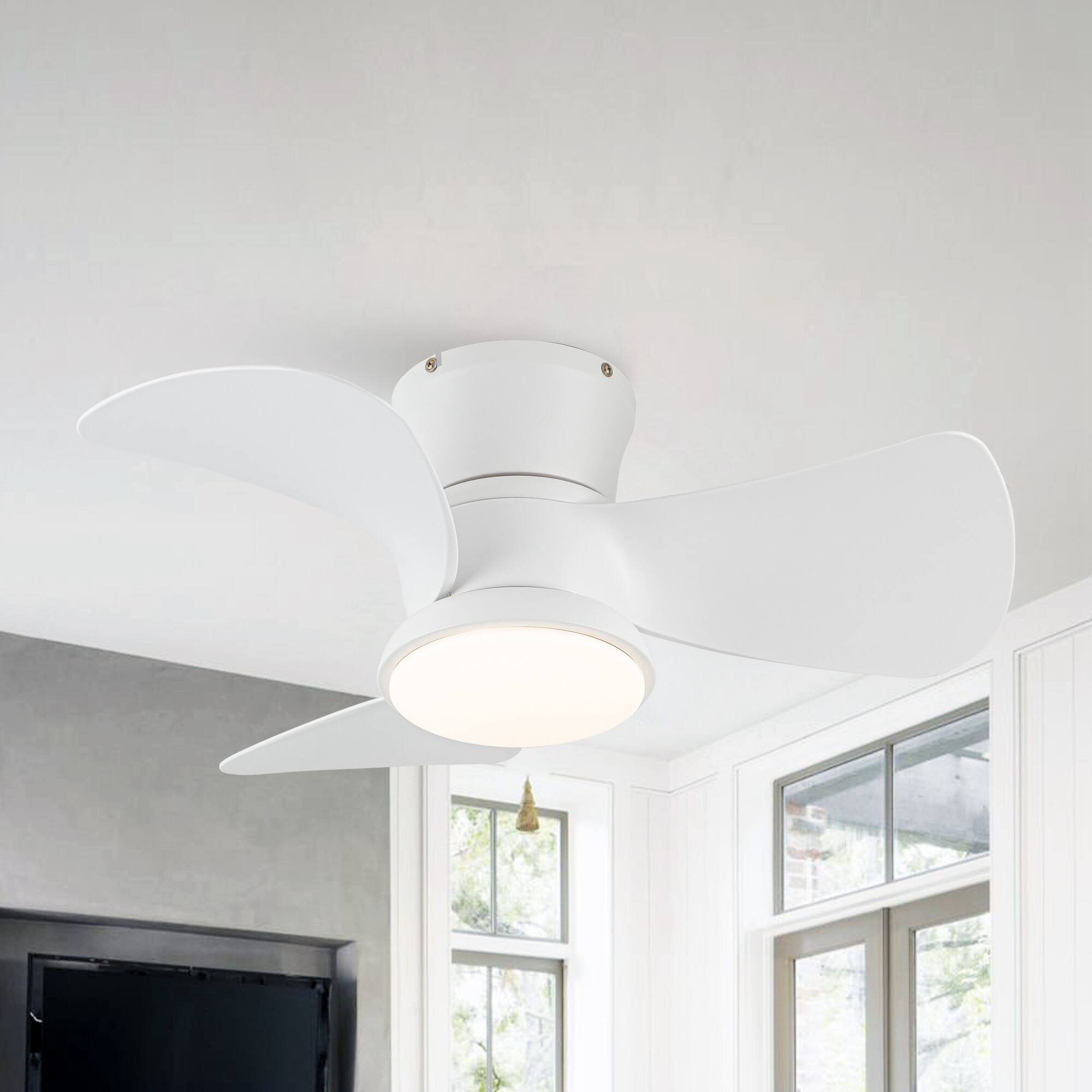 Alt View 1. Parrot Uncle - 31" Modern White Dimmable LED Hugger Ceiling Fan with Light and Remote - Matte White.