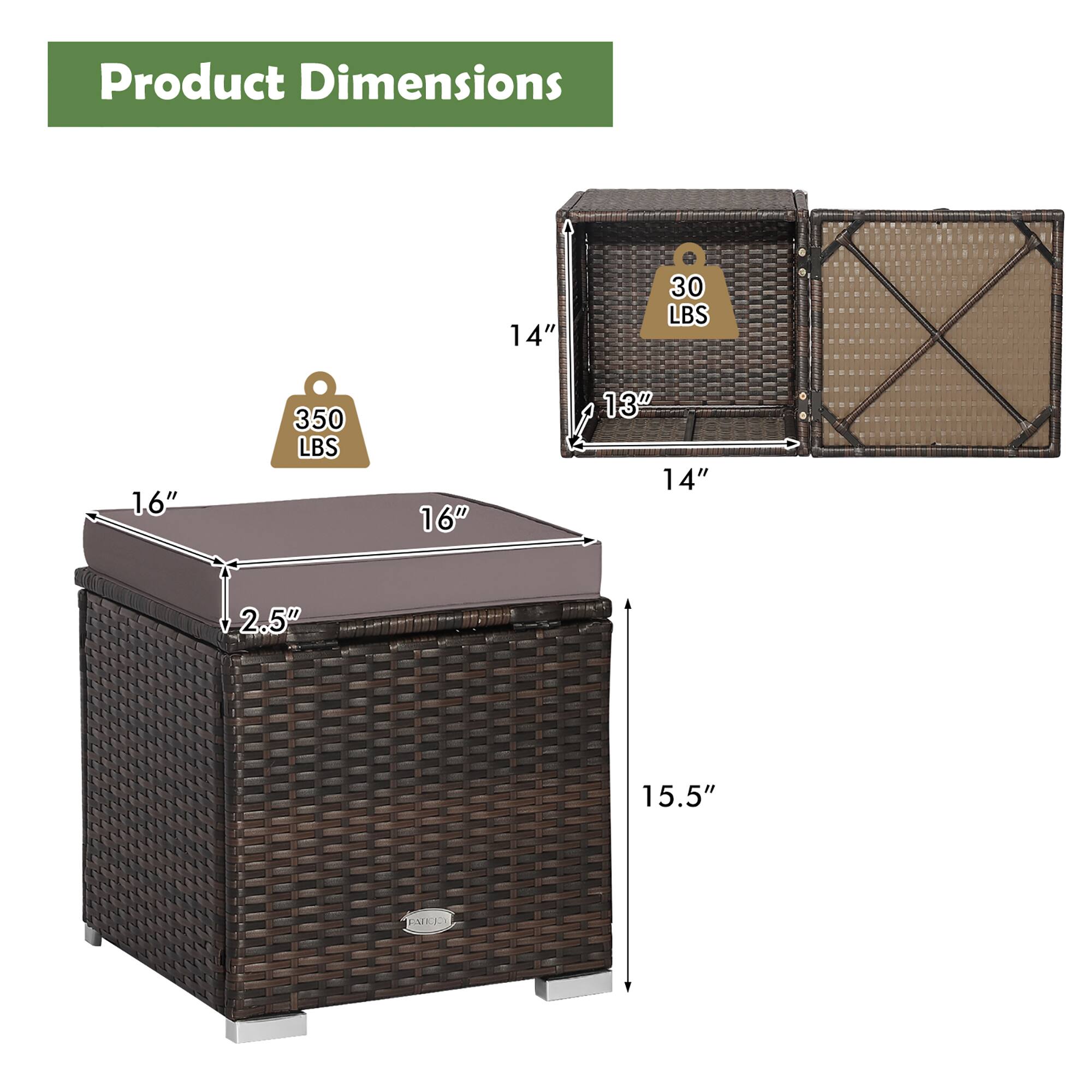 Product Dimensions  
14" x 13" x 14" x 16" x 2.5" x 15.5"  
1.6"  
30 LBS  
350 LBS