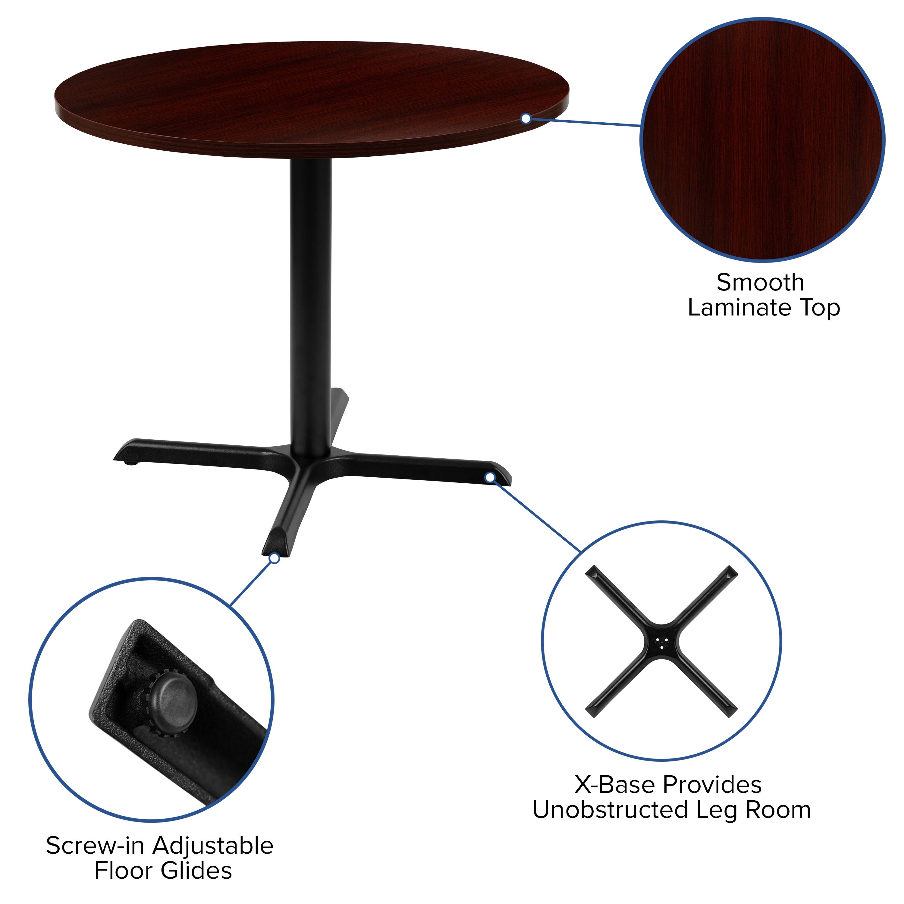 Smooth Laminate Top  
Screw-in Adjustable Floor Glides  
X-Base Provides Unobstructed Leg Room