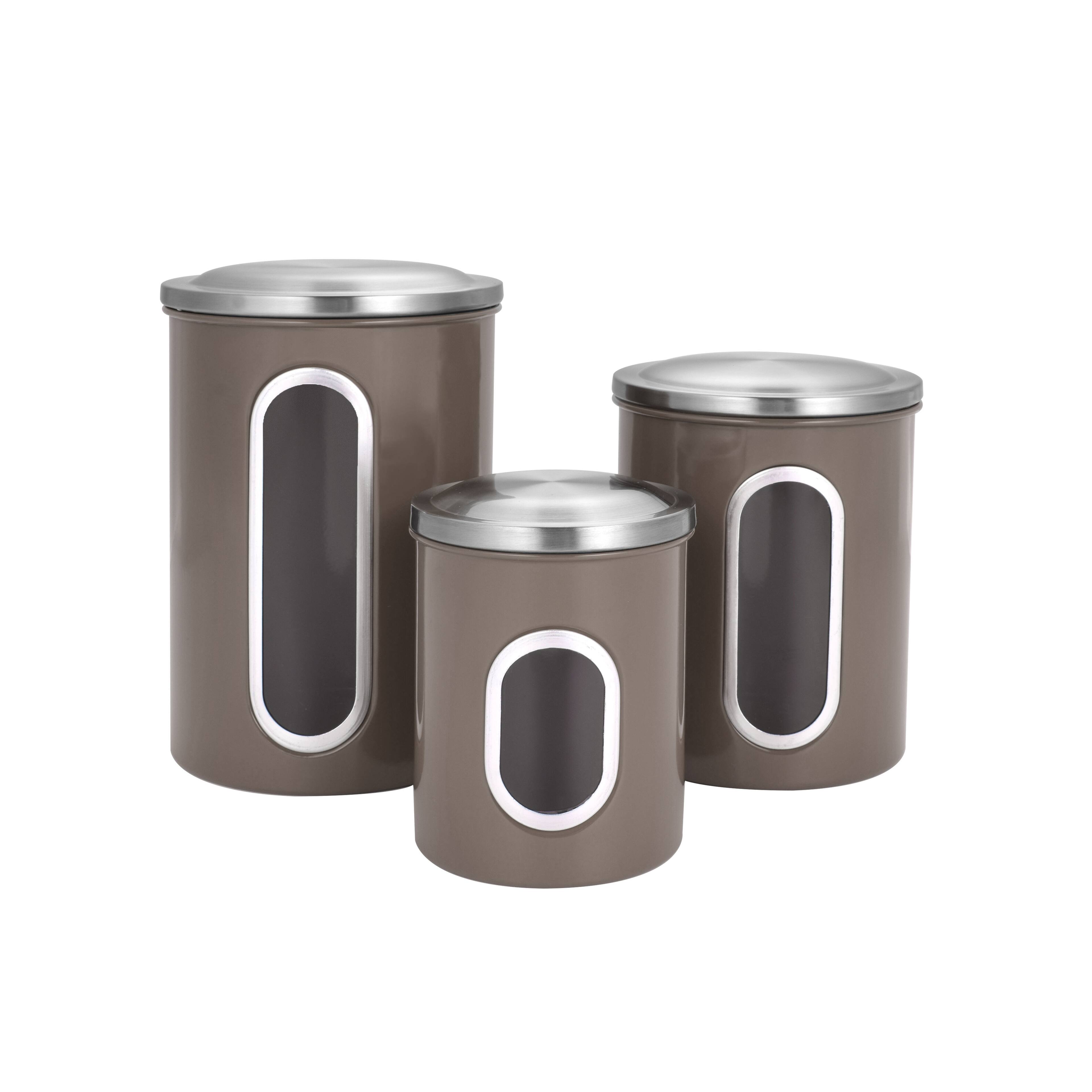 Front. Malletson - 3 Piece Stainless Steel Canister Set, Airtight Coffee Container Tea Organizer & Sugar Canister, Kitchen - Brown.