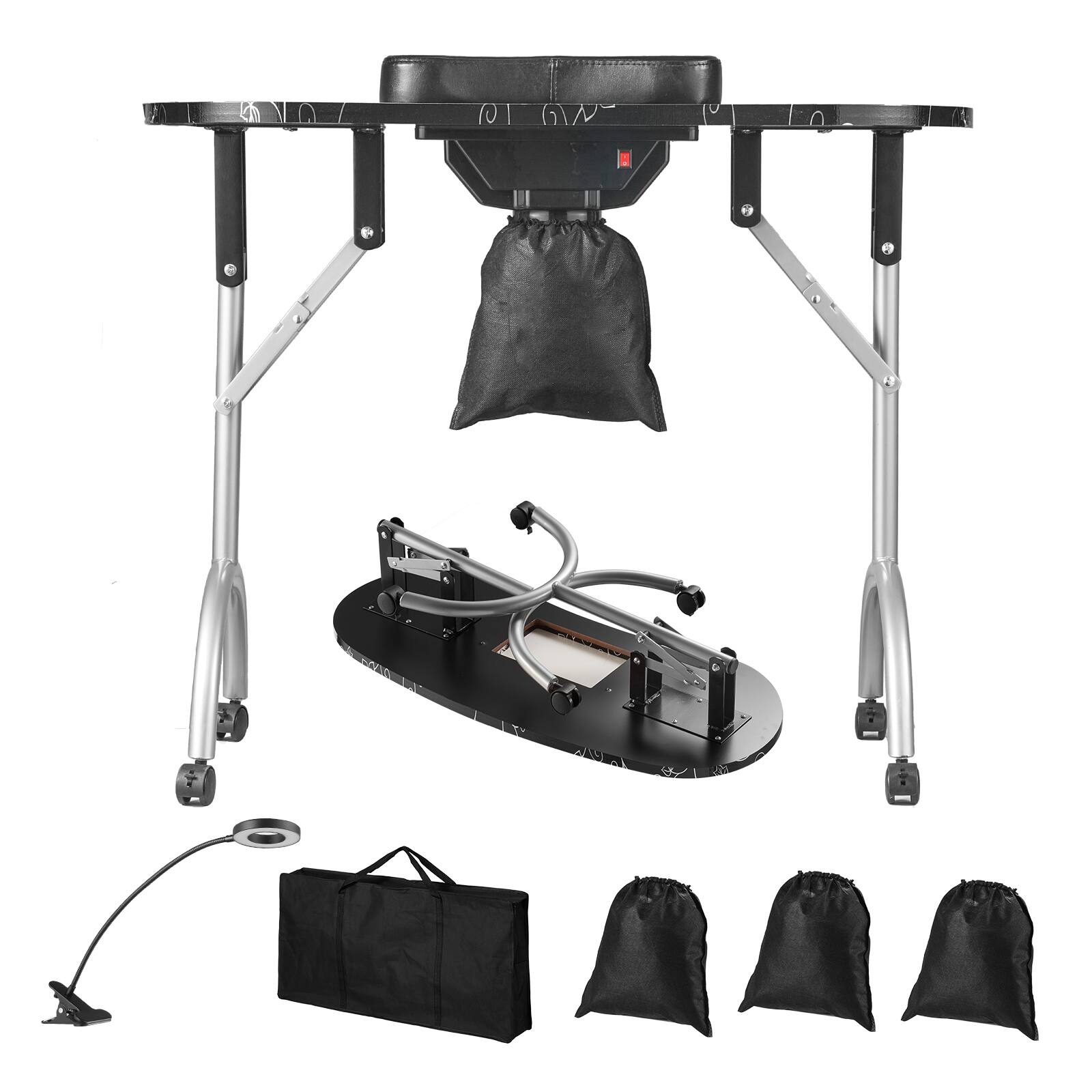 Alt View 5. VEVOR - Portable Manicure Table, Foldable Nail Table with Electric Dust Collector,Moveable Nail Tech Desk & 4 Wheels,3 Dust Bags - Black.