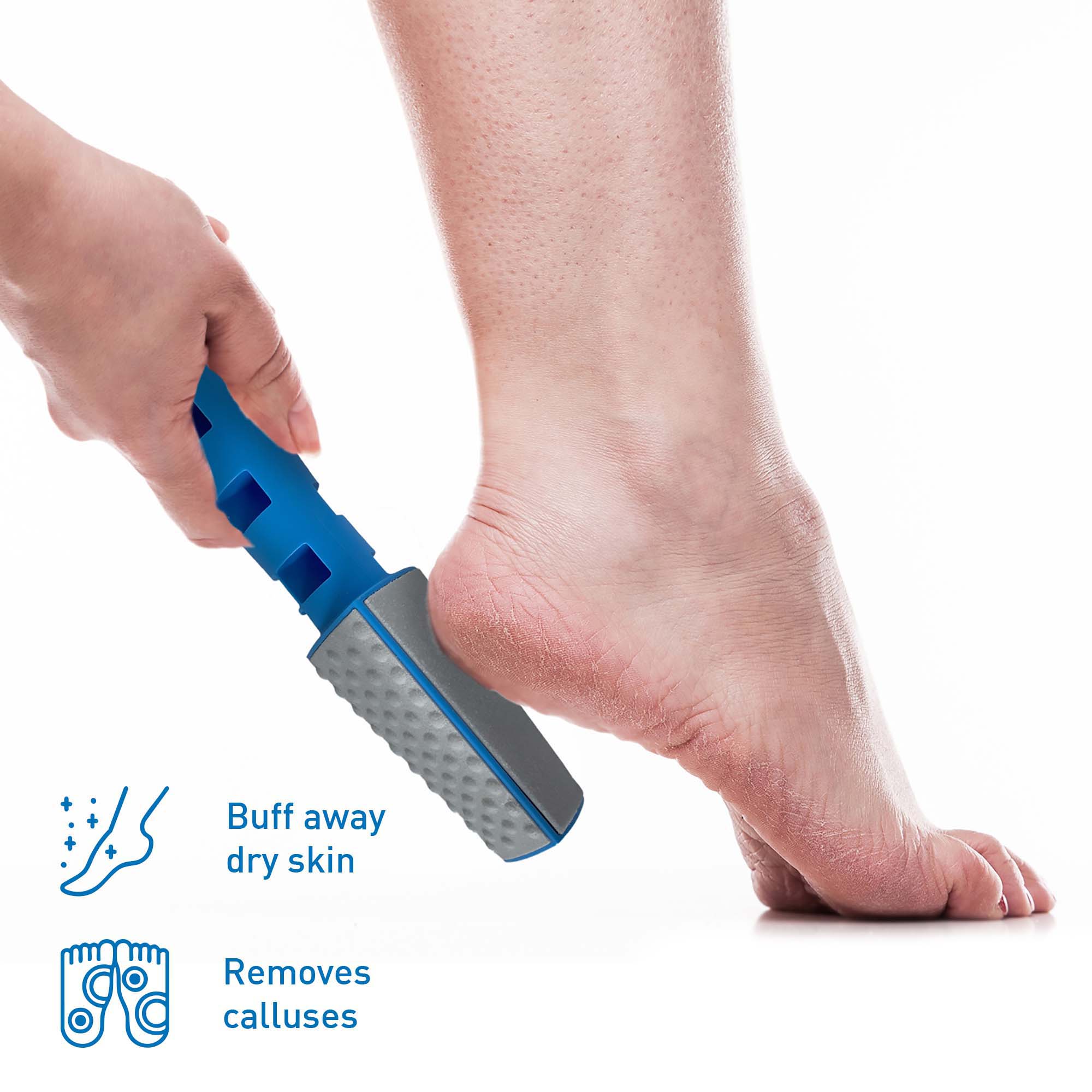 Buff away dry skin  
Removes calluses