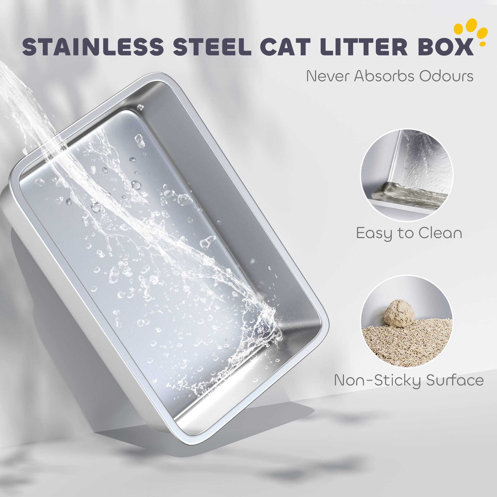 STAINLESS STEEL CAT LITTER BOX  
Never Absorbs Odours  
Easy to Clean  
Non-Sticky Surface