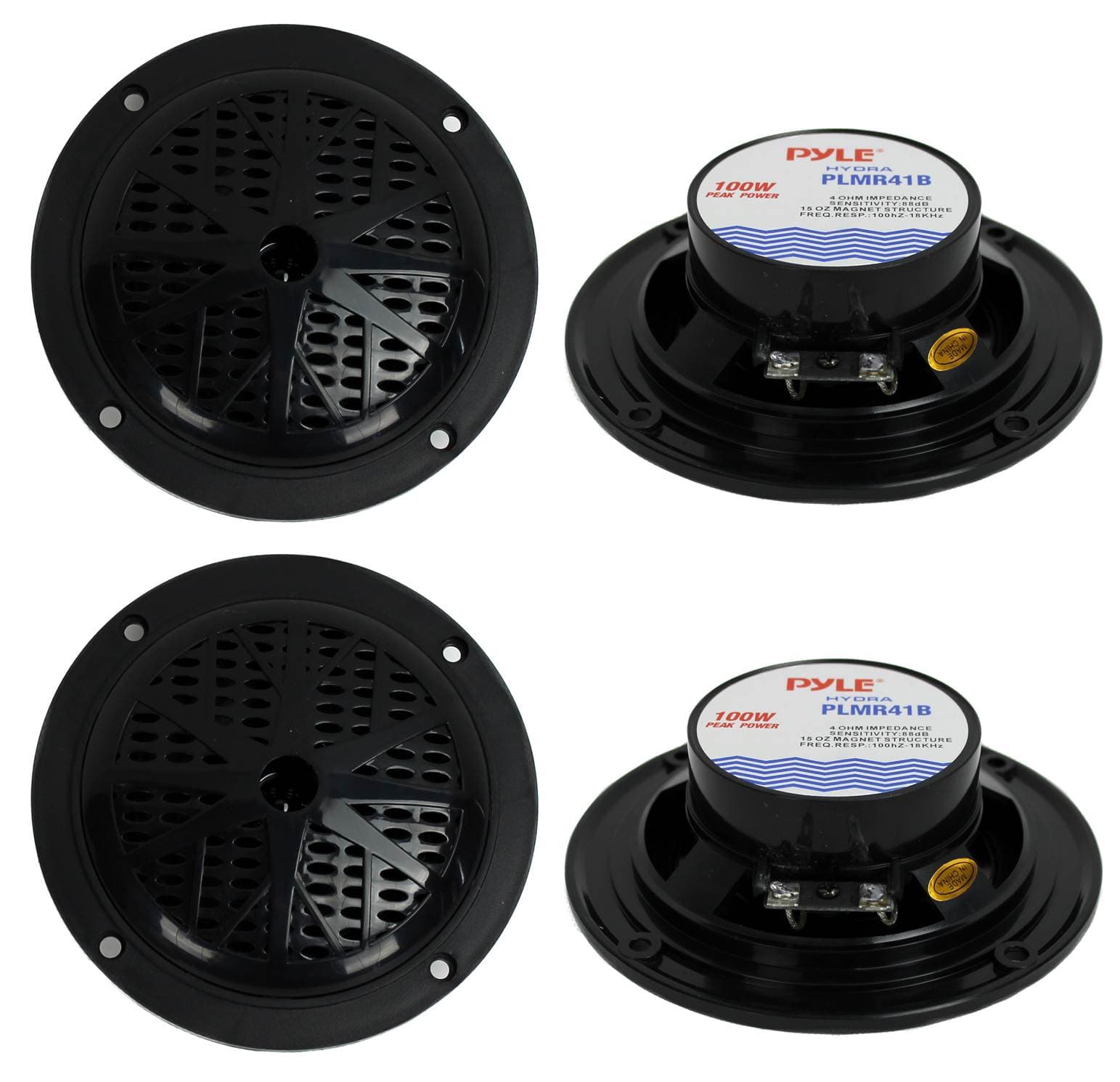 4) PYLE PLMR41B 4" 200W Dual Cone Waterproof Marine Boat Stereo Speakers 2 PAIRS - Black
