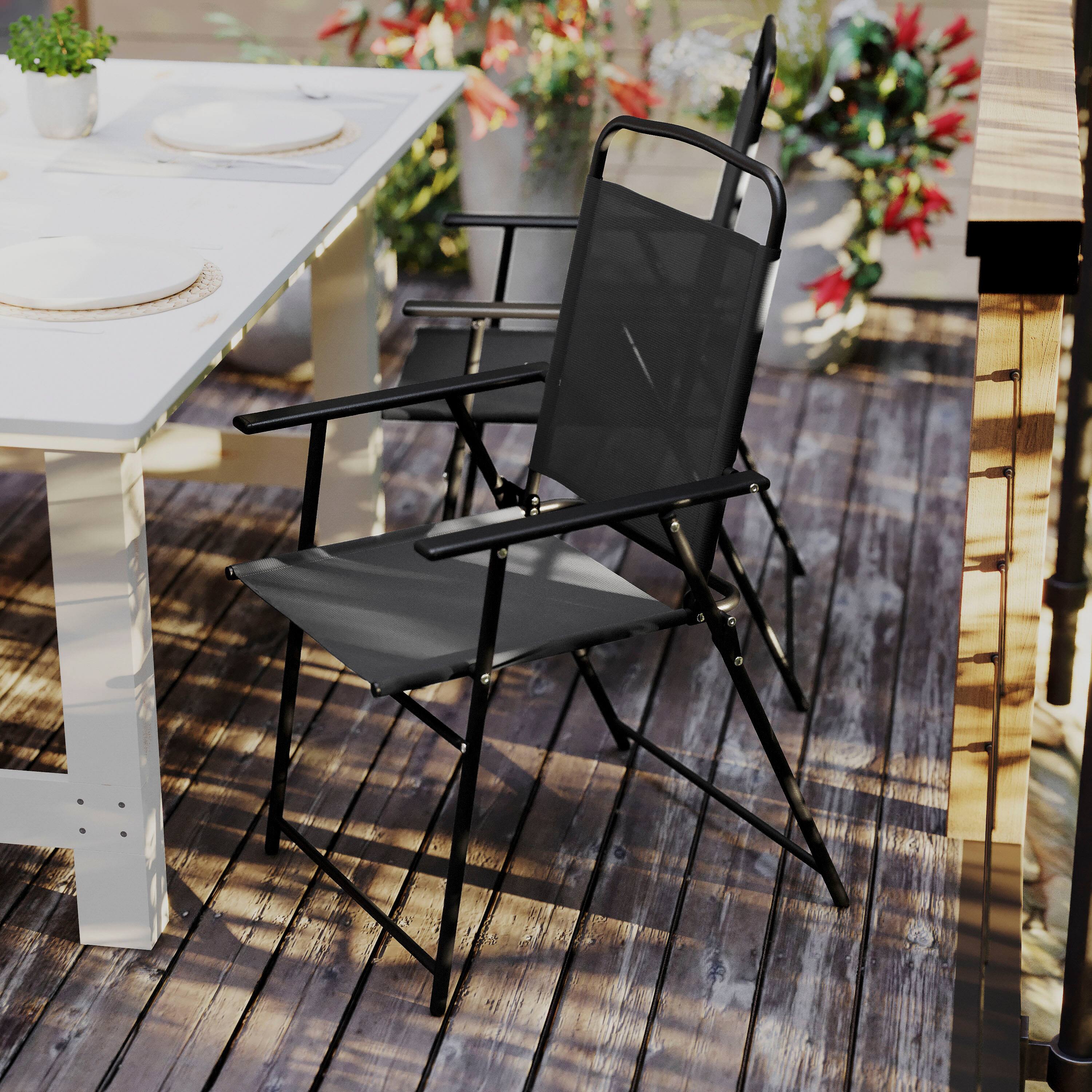 Alt View 3. Flash Furniture - Set of 2 Mystic Folding Patio Sling Chairs, Outdoor Textilene Lawn Chairs with Armrests in Black - Black.