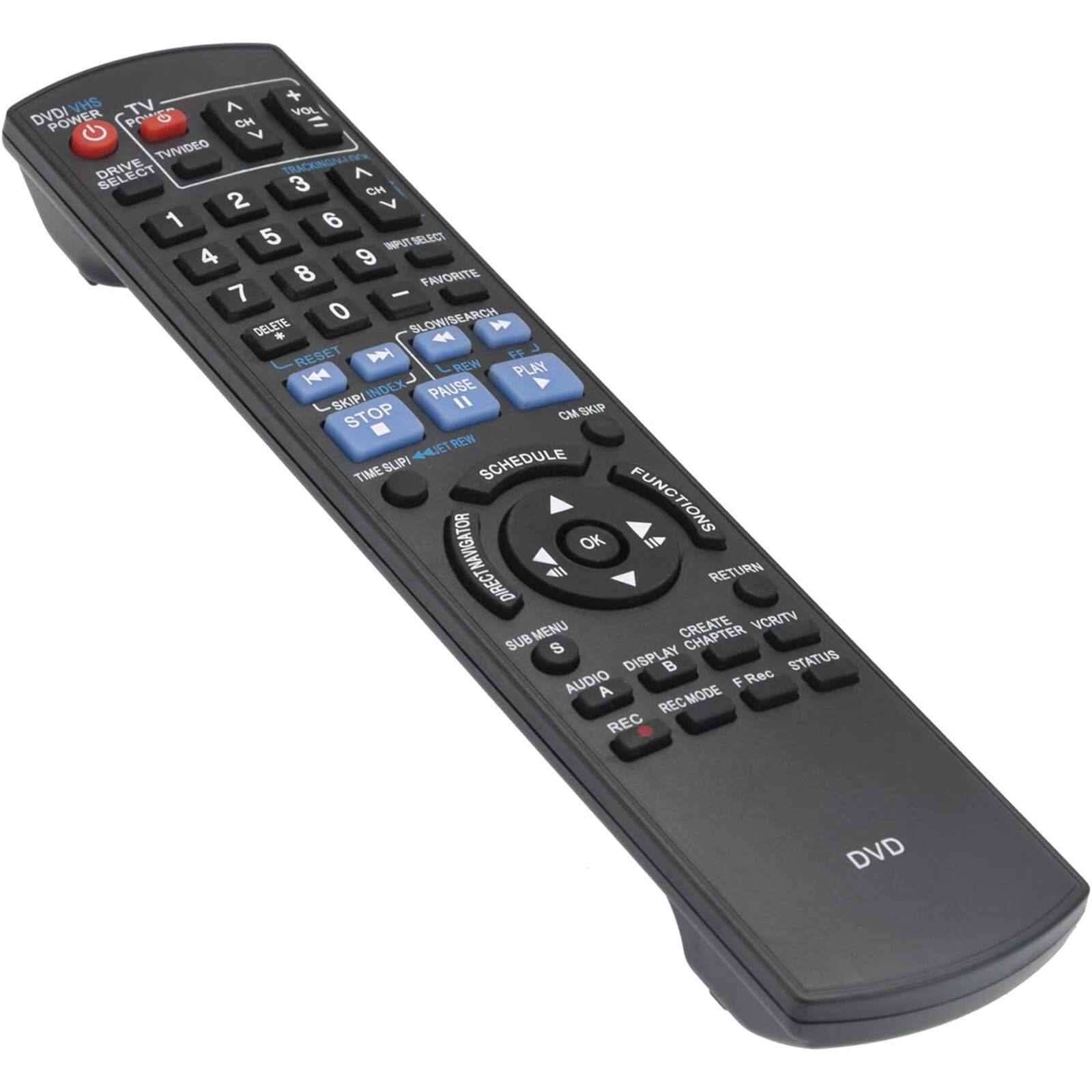 Sure, here is the corrected and grouped text from the image:

**Top Section:**
- DVD
- POWER
- DRIVE SELECT
- TV
- TV/VIDEO
- CH
- VOL
- CH
- 1 2 3 4 5 6 7 8 9 0
- INPUT SELECT
- FAVORITE
- CM SKIP
- DELETE
- SLOW/SEARCH
- FF
- PLAY
- PAUSE
- REW
- STOP
- SKIP INDEX
- TIME SKIP
- SCHEDULE
- FUNCTIONS
- NAVIGATOR
- OK
- RETURN
- MENU
- CREATE
- VCR/TV
- SUB
- DISPLAY
- STATUS
- AUDIO
- REC
- A
- B
- REC MODE
- F Rec
- DVD

**Middle Section:**
- DVD
- POWER
- DRIVE SELECT
- TV
- TV/VIDEO
- CH
- VOL
- CH
- 1 2 3 4 5 6 7 8 9 0
- INPUT SELECT
- FAVORITE
- CM SKIP
- DELETE
- SLOW/SEARCH
- FF
-