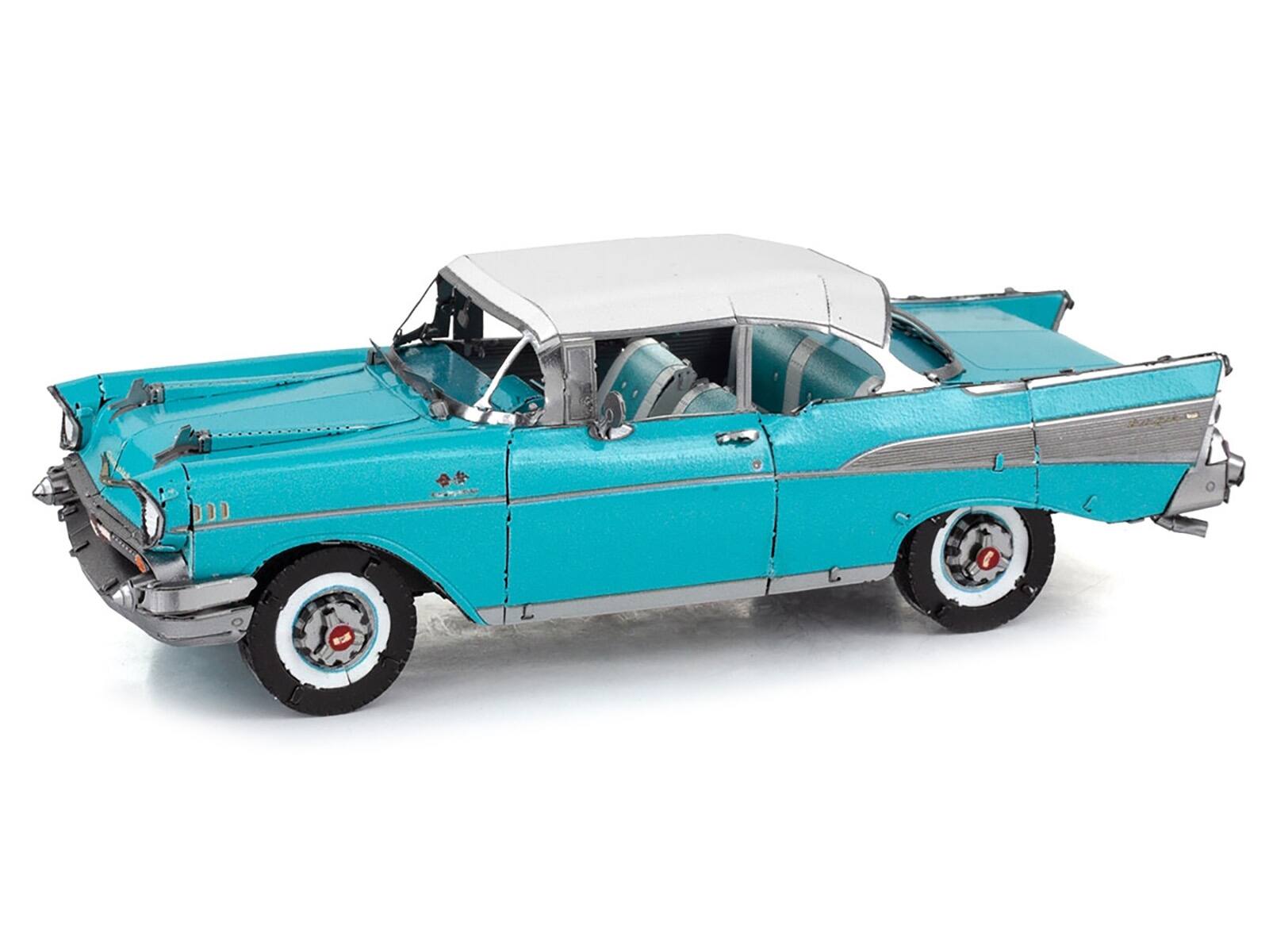 Left. Metal Earth - Model Kit 1957 Chevrolet Bel Air Turquoise with White Top (Challenging Difficulty) Steel Model by Metal Earth - Turquoise.