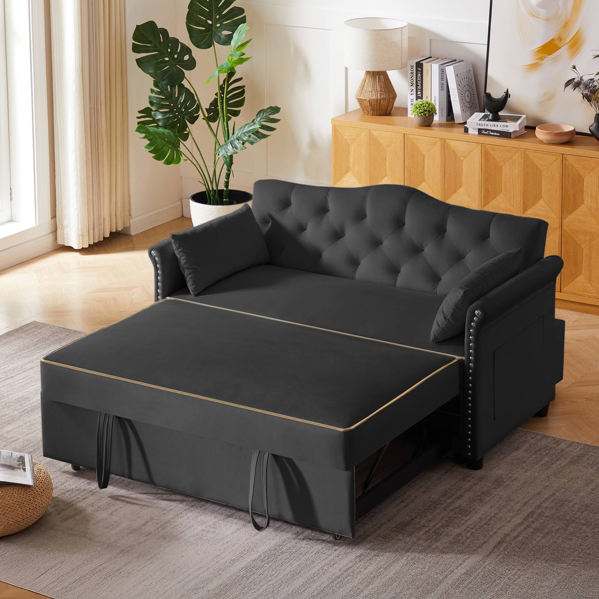 GOODSILO - Velvet Convertible Sleeper Sofa Bed with Adjustable Positions and Tufted Backrest - Black