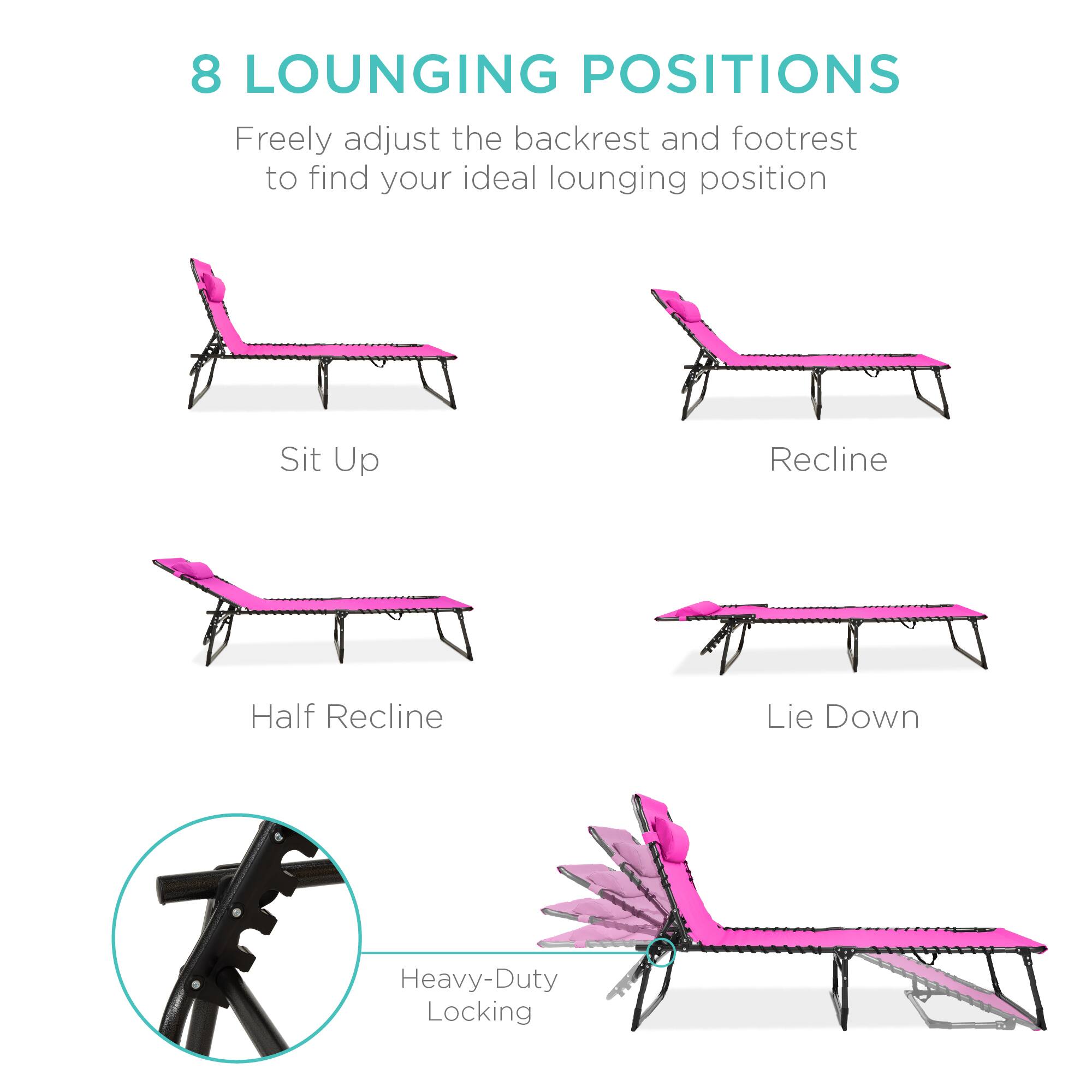 8 LOUNGING POSITIONS

Freely adjust the backrest and footrest to find your ideal lounging position

Sit Up  
Recline  
Half Recline  
Lie Down  

Heavy-Duty Locking
