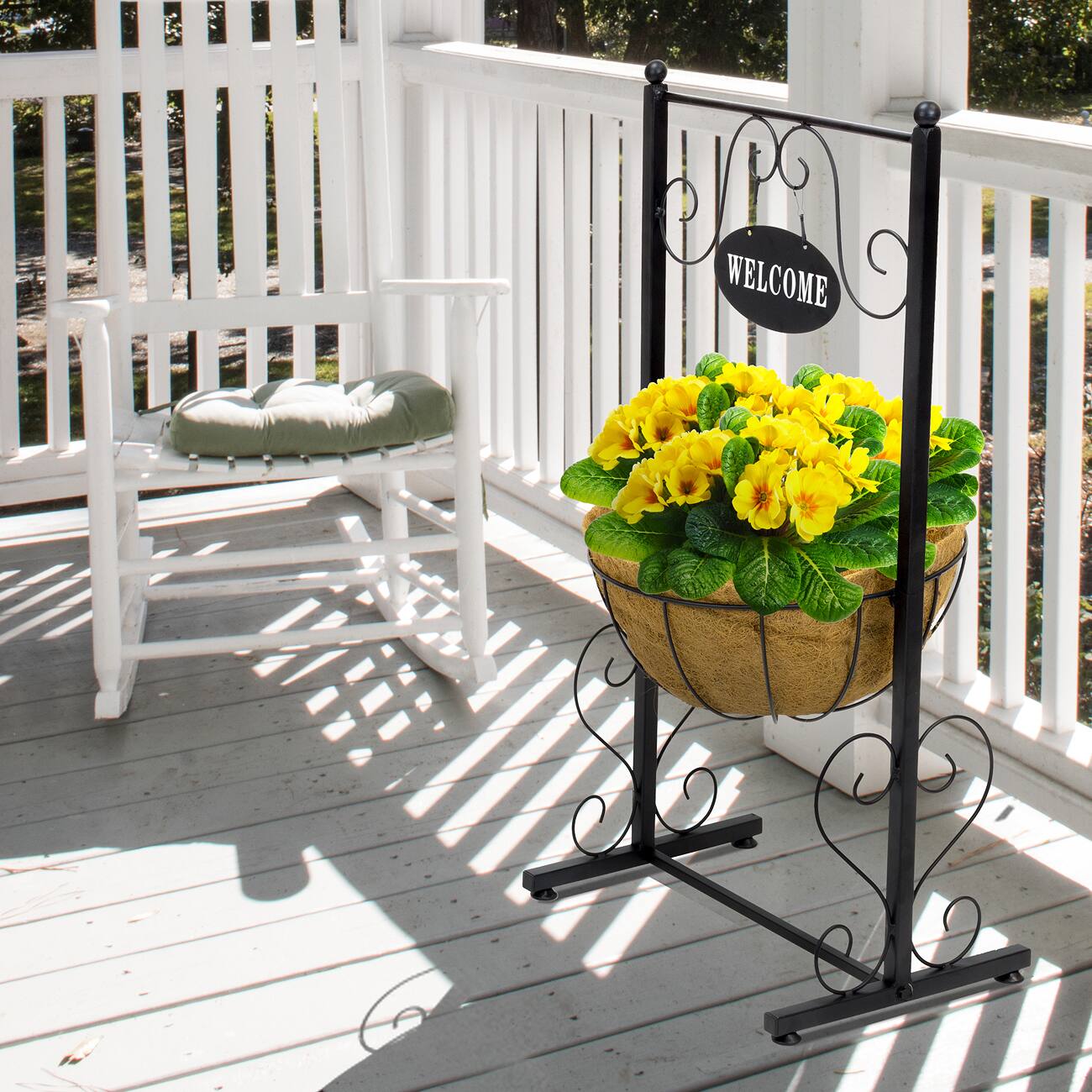 Alt View 1. Sorbus - Sorbus Welcome Planter Basket Stand with Coco Liner, Stylish Flower, Plant, and Outdoor Décor for Home, Garden - Black.