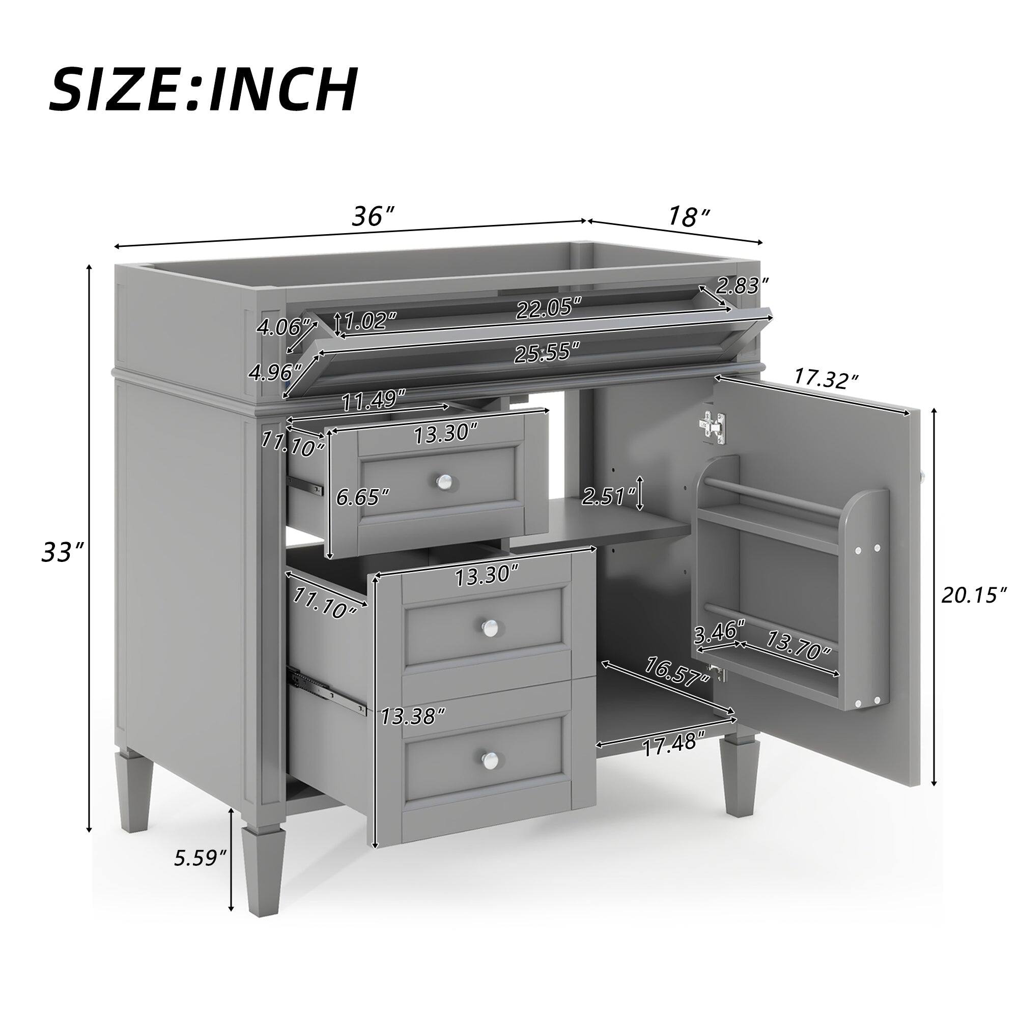 SIZE: INCH  
36" 18" 33" 2.83' 22.05" 4.06" 11.02" 25.55" 4.96' 17.32" 11.49" 11.10" 13.30" 6.65" 25.51" 13.30" 11.10" 3.46" 13.70" 16.57" 13.38" 17.48" 20.15" 5.59"