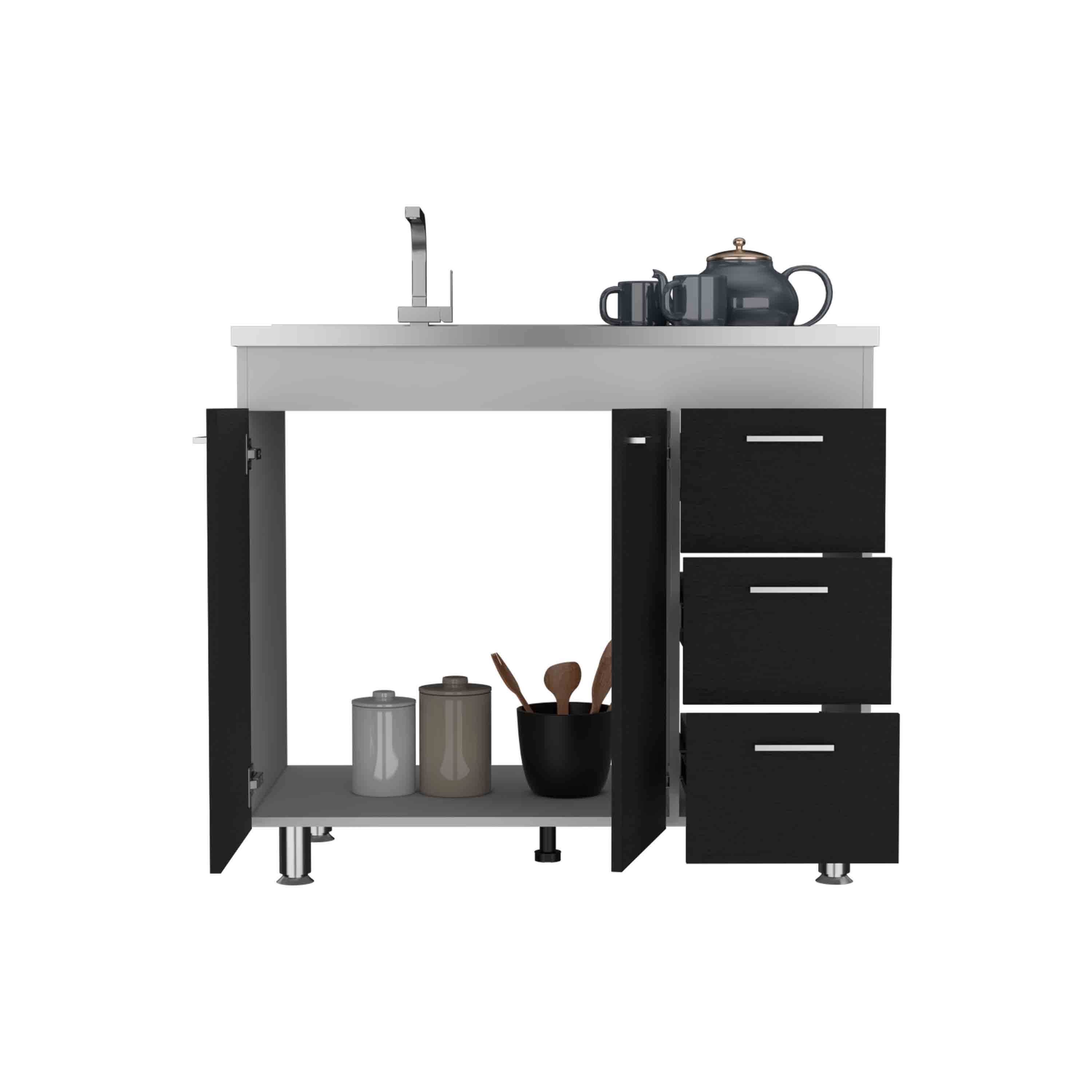 Angle. TuHome - Ferretti Utility Sink With Three Drawers And Double Door Cabinet - White / Black.