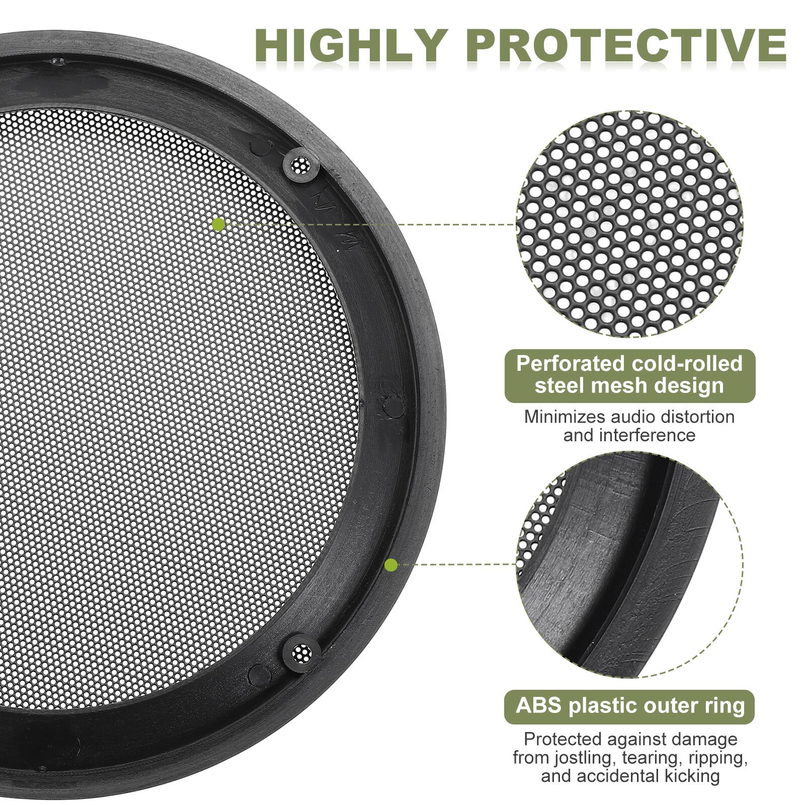 HIGHLY PROTECTIVE

- Perforated cold-rolled steel mesh design
  - Minimizes audio distortion and interference

- ABS plastic outer ring
  - Protected against damage from jostling, tearing, ripping, and accidental kicking