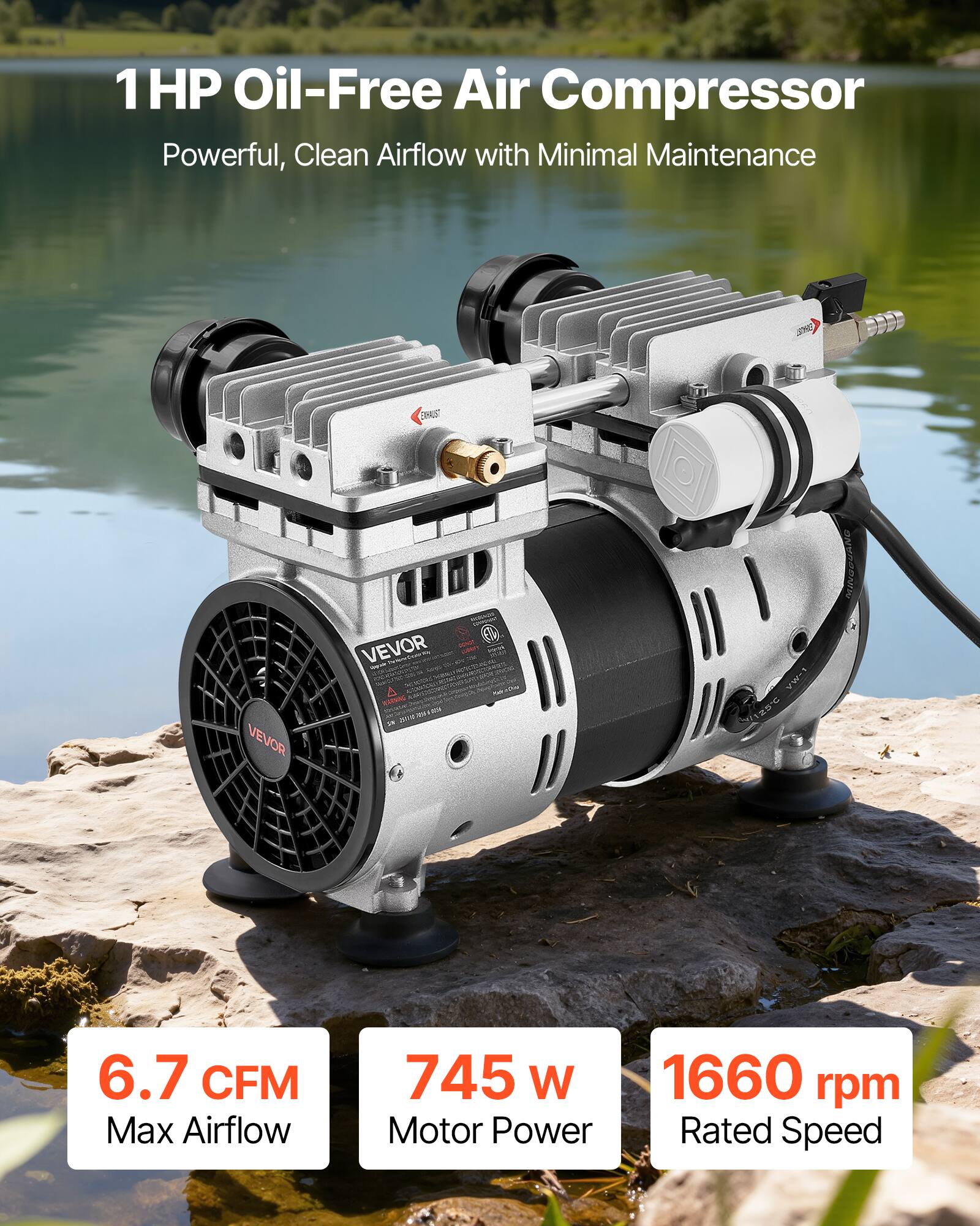 1 HP Oil-Free Air Compressor Powerful, Clean Airflow with Minimal Maintenance

SERVIST
VEVOR
VEVOR A 2018 or 
MINGBUANG

6.7 CFM Max Airflow
745 W 1660 rpm Motor Power Rated Speed