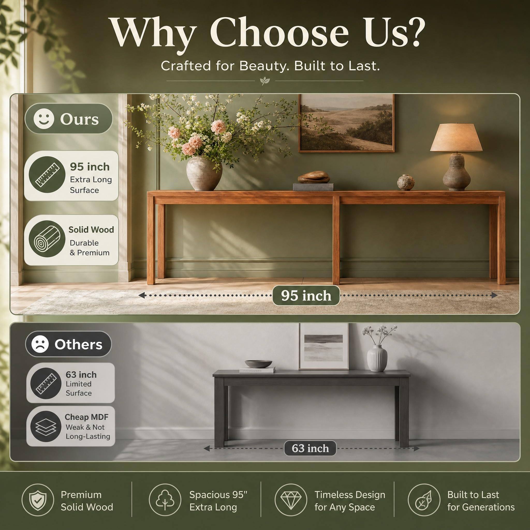 Why Choose Us?  
Crafted for Beauty. Built to Last.

**Ours**  
- 95 inch Extra Long Surface  
- Solid Wood  
- Durable & Premium  

**Others**  
- 63 inch Limited Surface  
- Cheap MDF  
- Weak & Not Long-Lasting  

**Premium Solid Wood**  
**Spacious 95" Extra Long**  
**Timeless Design for Any Space**  
**Built to Last for Generations**
