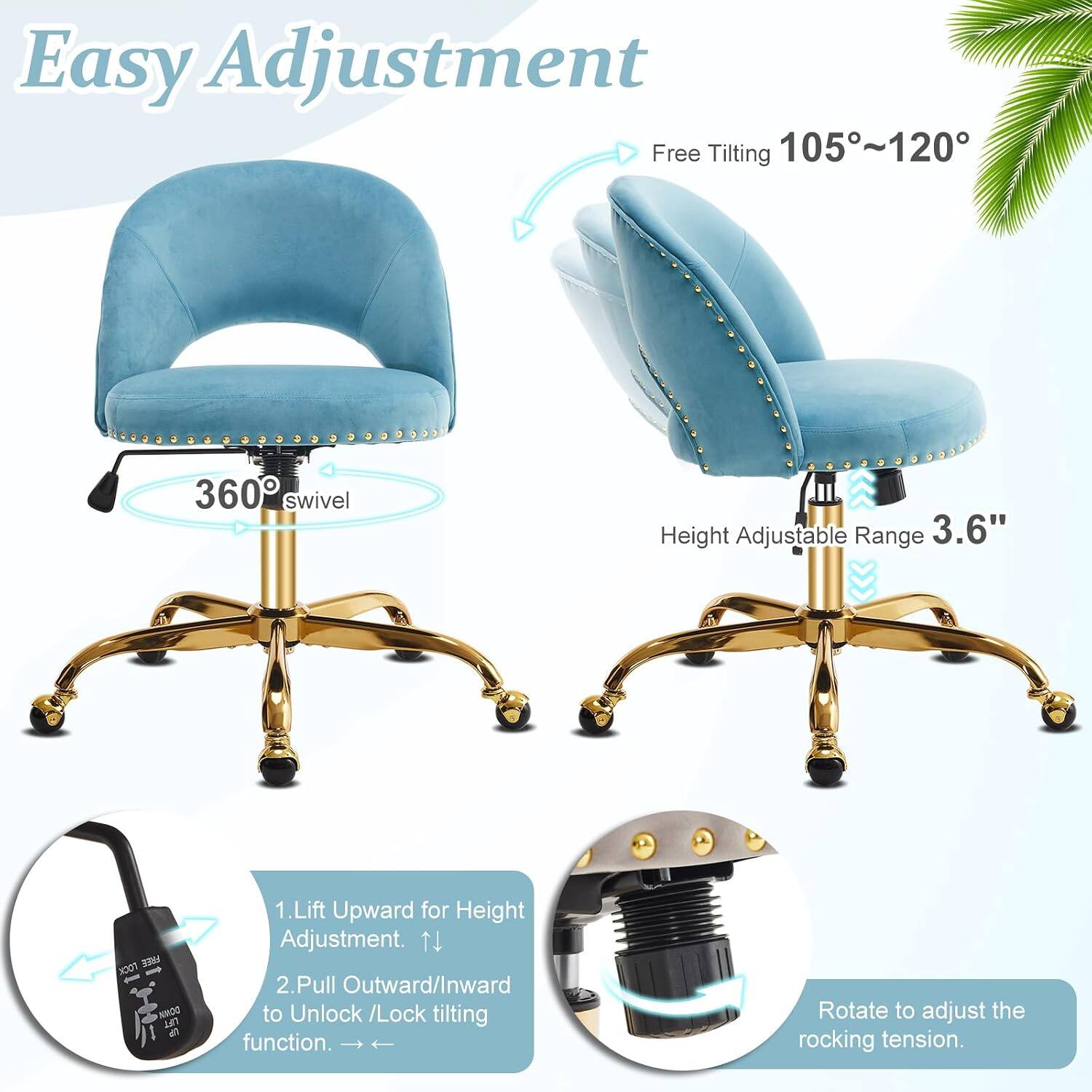 Easy Adjustment

Free Tilting 105°~120°

360° swivel

Height Adjustable Range 3.6"

1. Lift Upward for Height Adjustment.
2. Pull Outward/Inward to Unlock /Lock tilting function. Rotate to adjust the rocking tension.