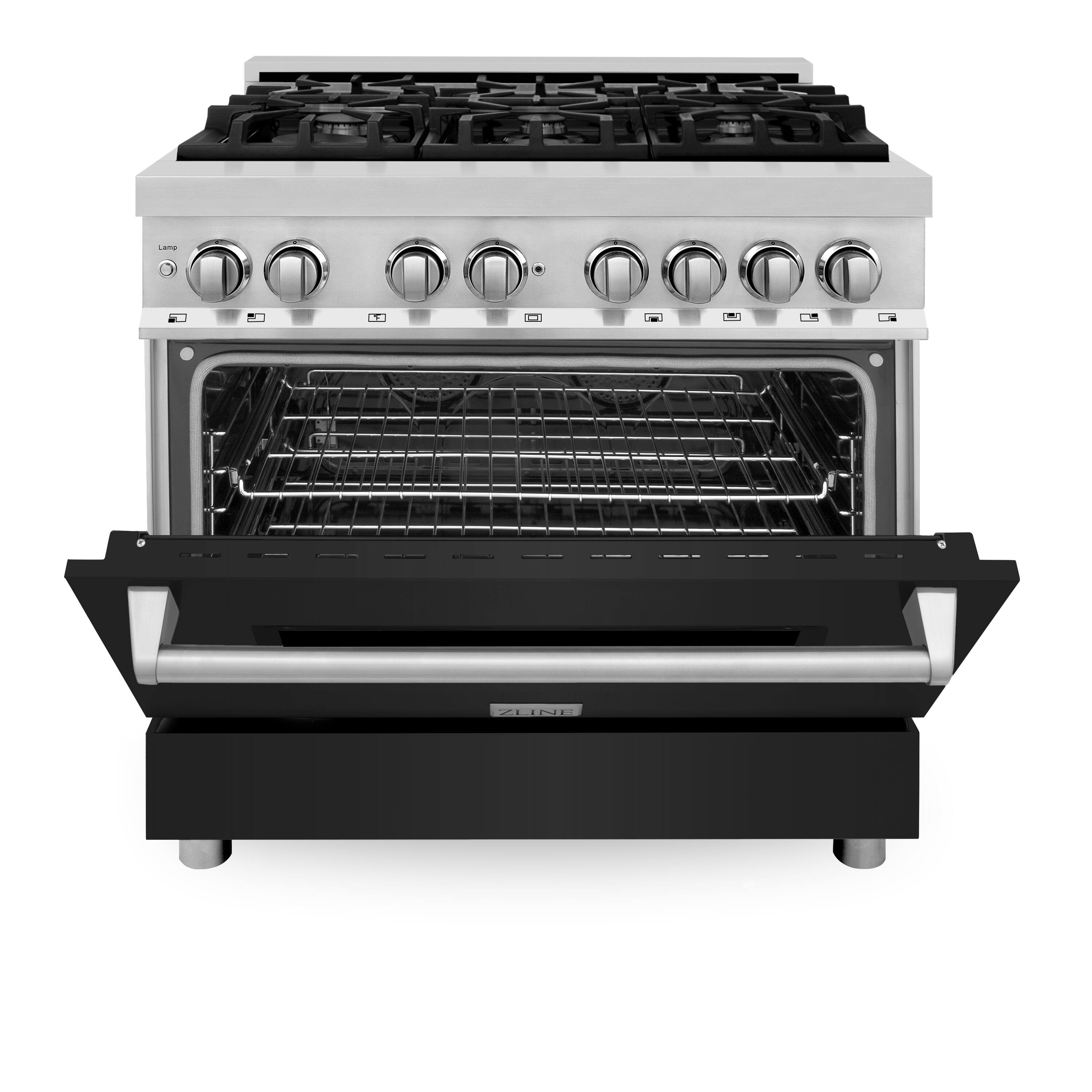 Angle. ZLINE - 36" Legacy Dual Fuel Range with 6 Burner Cooktop and Electric Oven (RA-BLM-36) - Satin Steel/White.