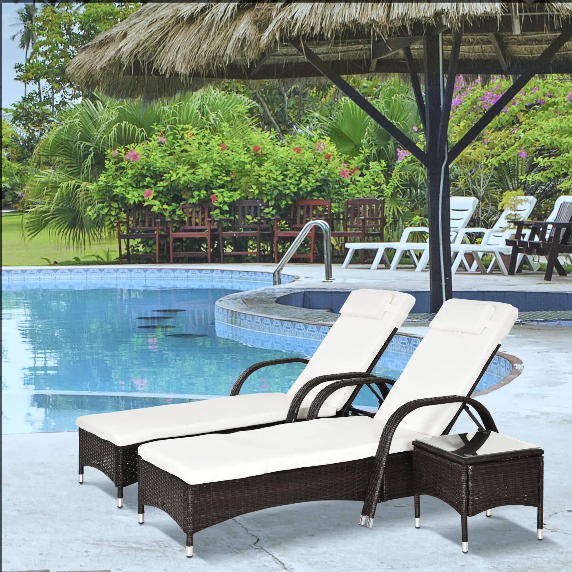 Alt View 7. Resenkos - Resenkos Wicker Outdoor Chaise Lounge Chair Set, 5-Level Adjustable Backrest Pool Lounge Chair, Brown, Cream White - Brown, Cream White.
