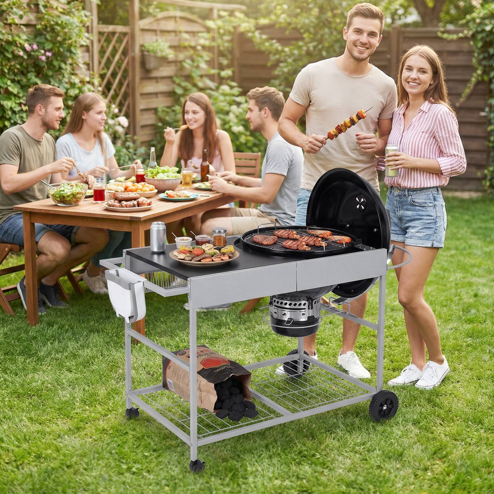 Alt View 3. Costway - Costway Outdoor Grill Table for 18" & 22" Weber Original Kettle with Wire Rack, Garbage Can - Silver + Black.