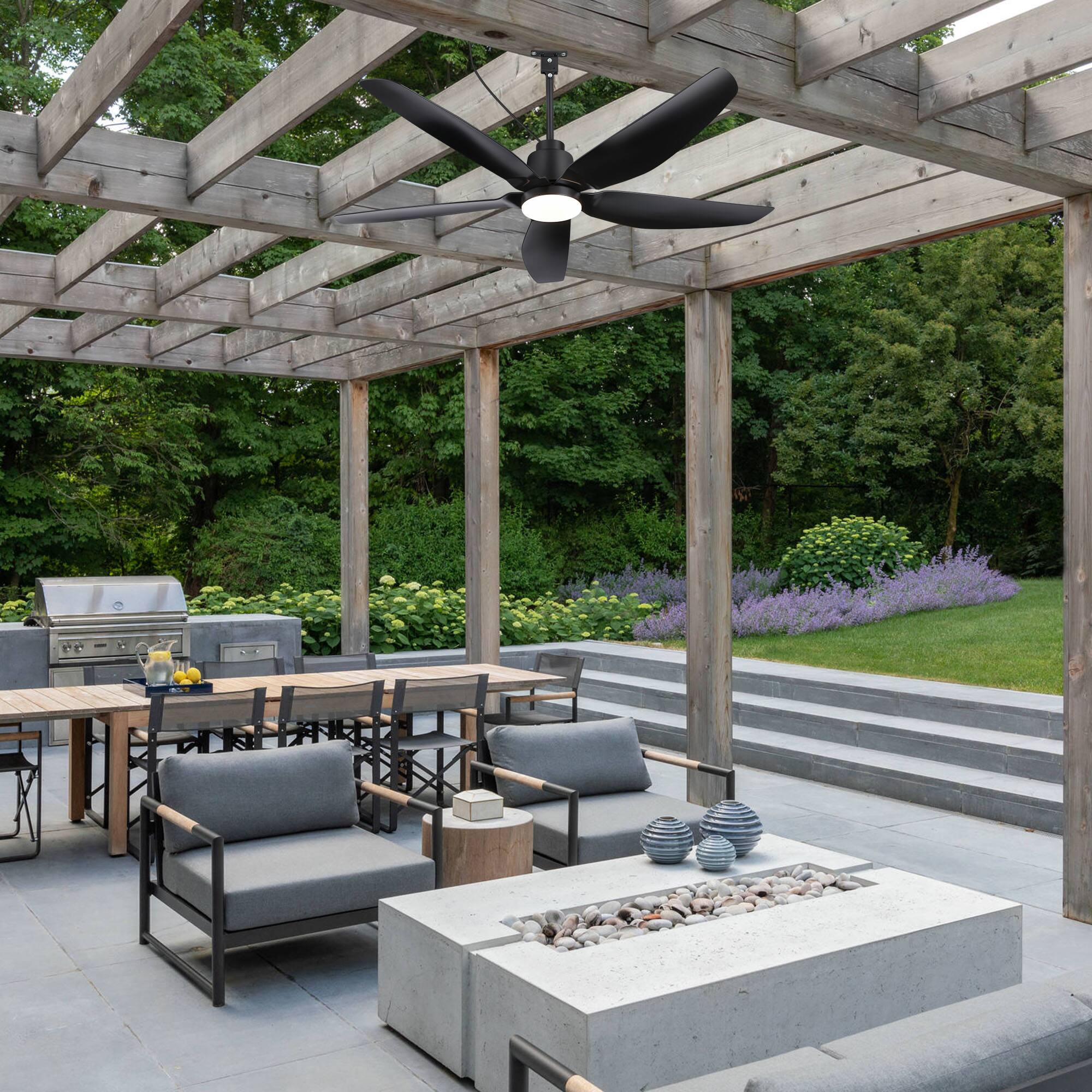 Back. Breezary - 52-Inch Outdoor Waterproof Ceiling Fan with LED Light, ABS Blades, Remote, DC Motor, Includes 6&10-Inch Downrods - matte black.