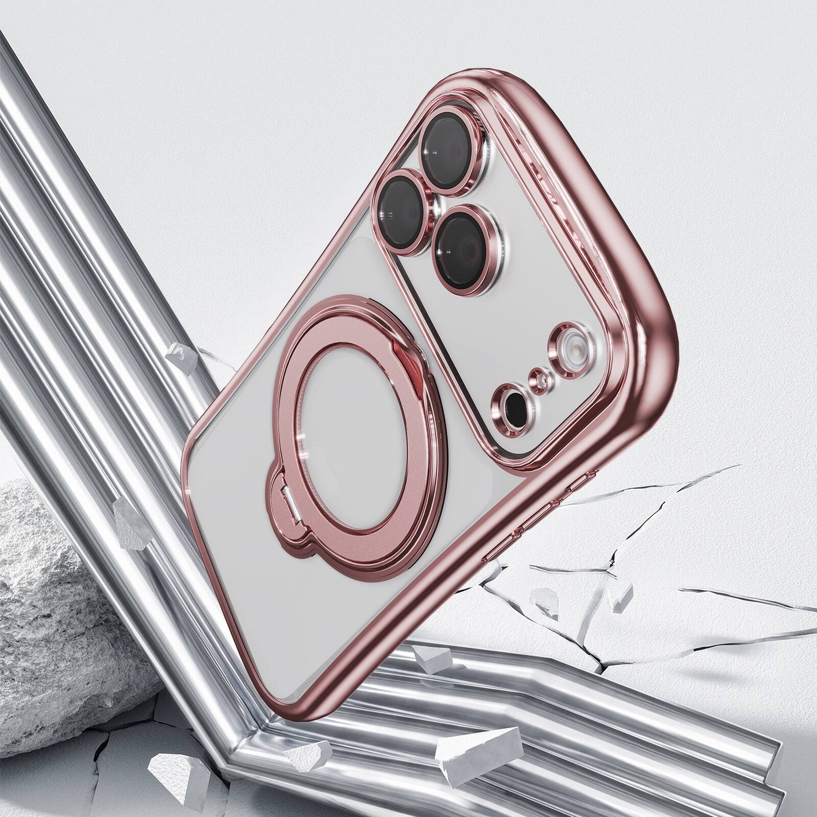 Back. UUCOVER - Magnetic Clear Case for iPhone 17 Pro Max Shockproof TPU Ring Stand Camera Lens Protector Cover with Shoulder Strap - Pink.
