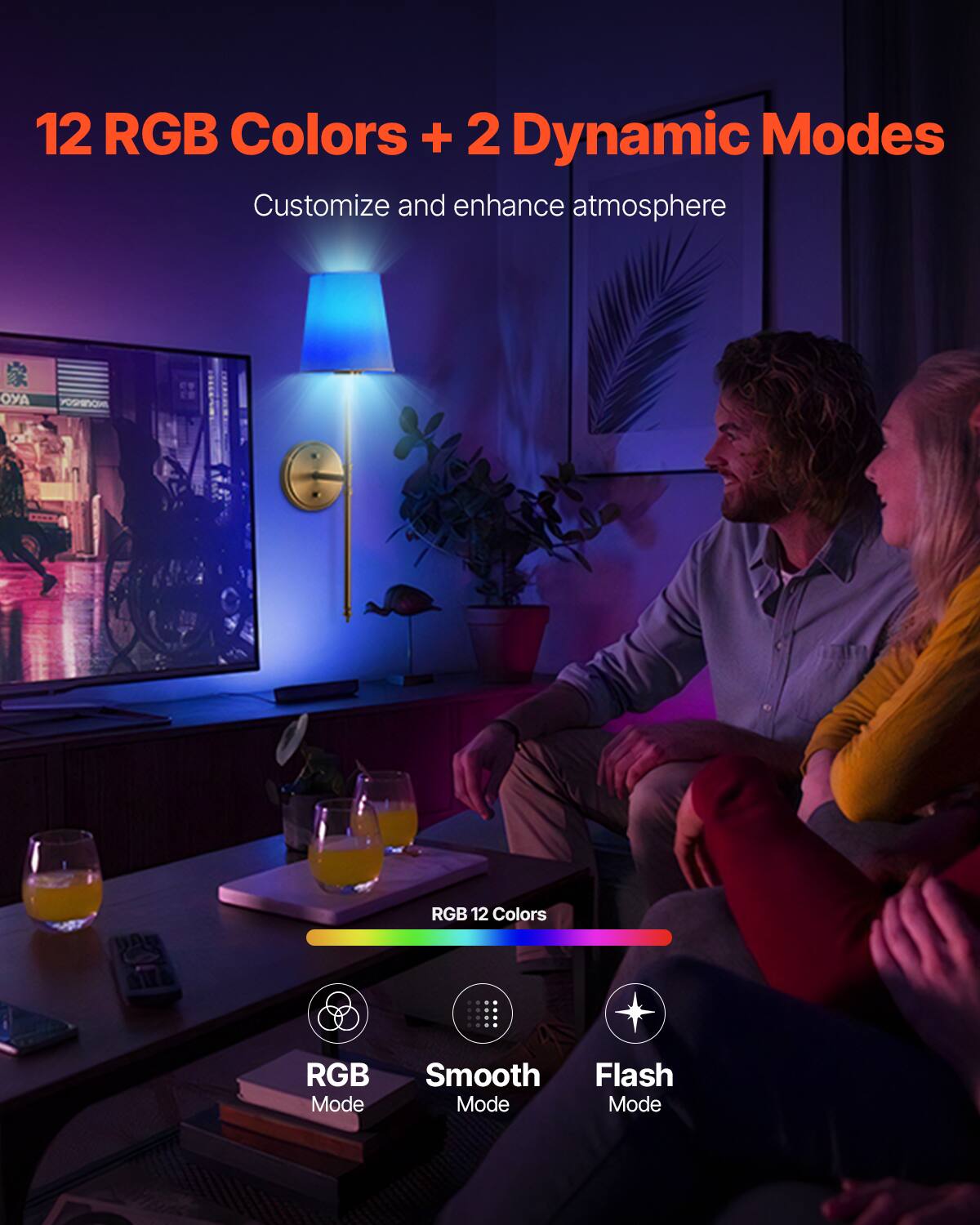 12 RGB Colors + 2 Dynamic Modes  
Customize and enhance atmosphere  

RGB 12 Colors  
RGB Mode  
Smooth Mode  
Flash Mode