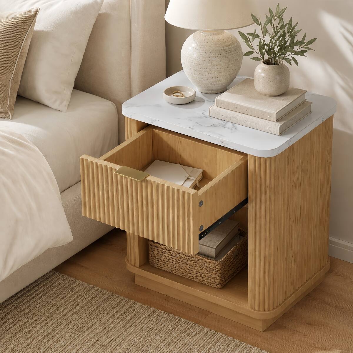 Angle. Loheer - Loheer Fluted Nightstand with Drawer and Open Shelf, Natural Wood Look Bedroom Bedside Table - Natural.