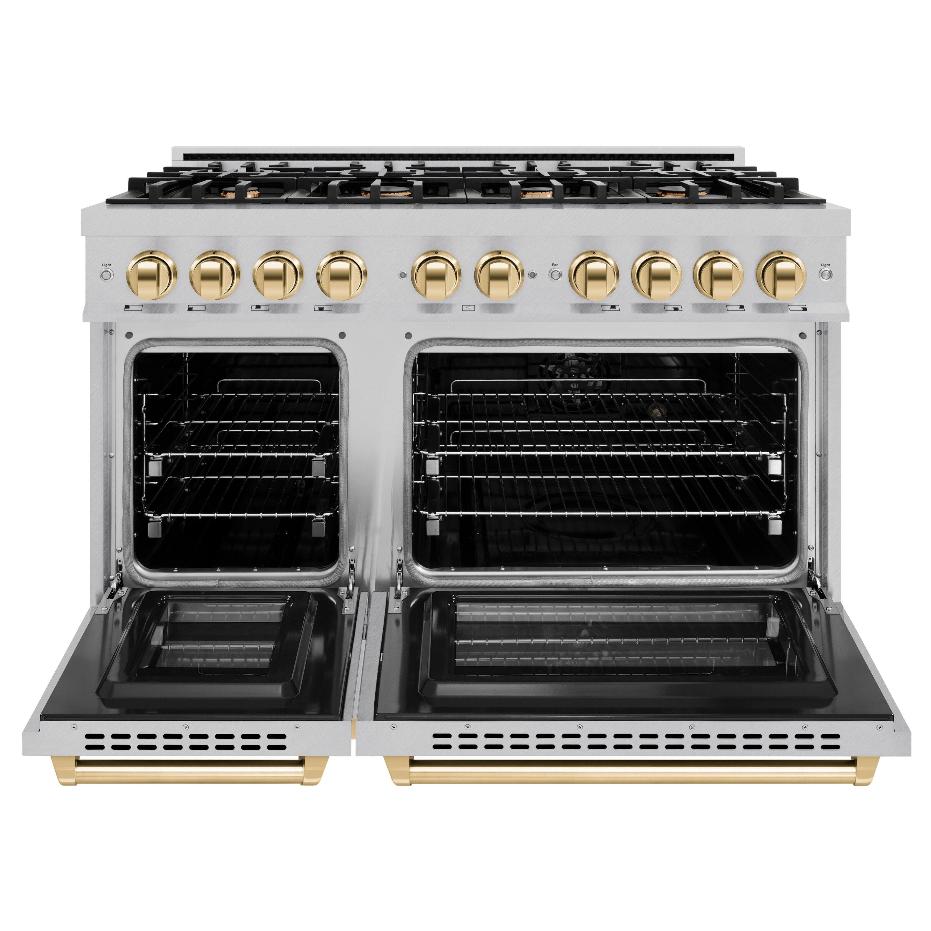 Left. ZLINE - ZLINE Autograph 48 in. Select Dual Fuel Satin Steel Range w/ 8 Burners & Gold Accents (HDRSZ-48-G) - Stainless Steel.