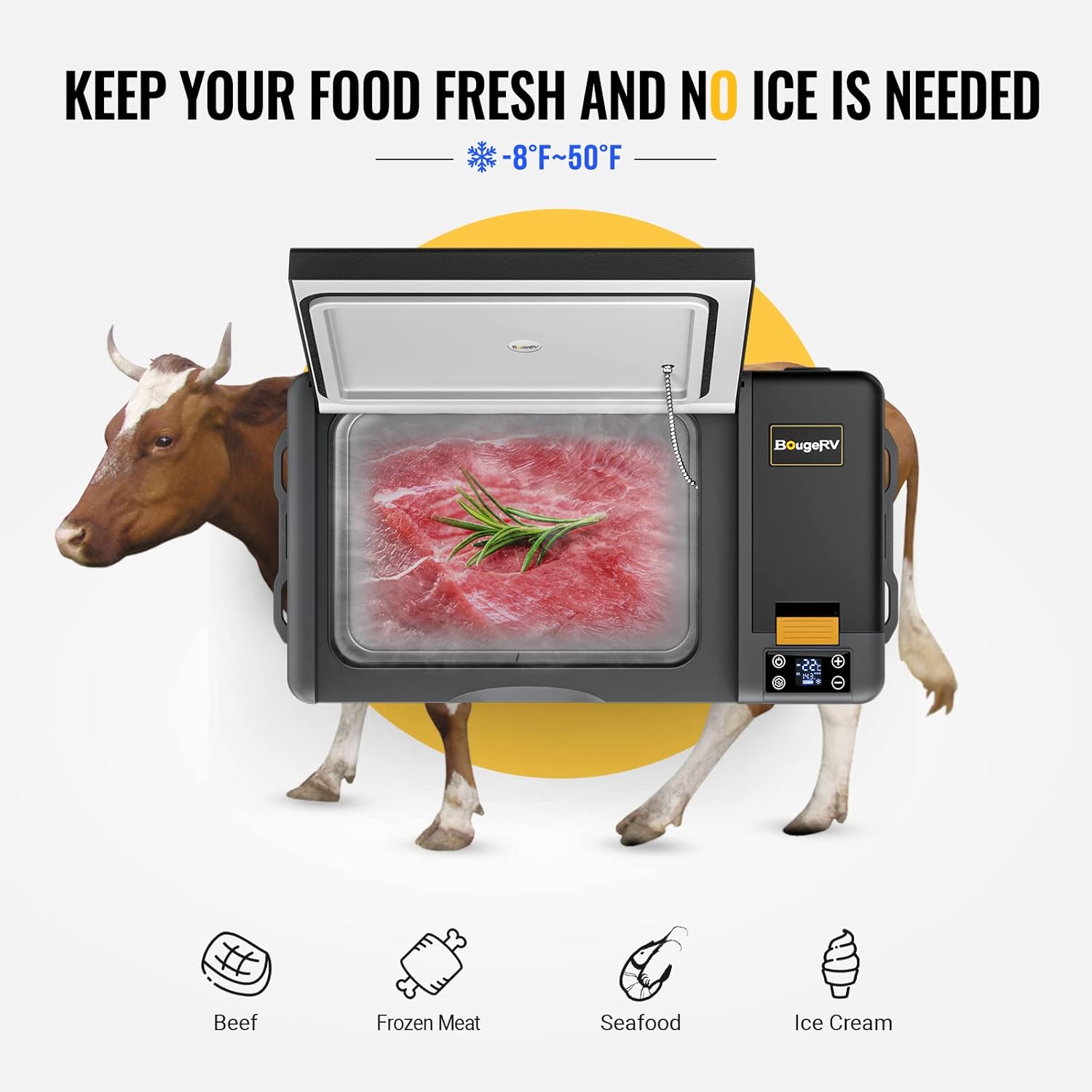 Keep your food fresh and no ice is needed -8F~50F. BougeRV c 55 Beef Frozen Meat Seafood Ice Cream.