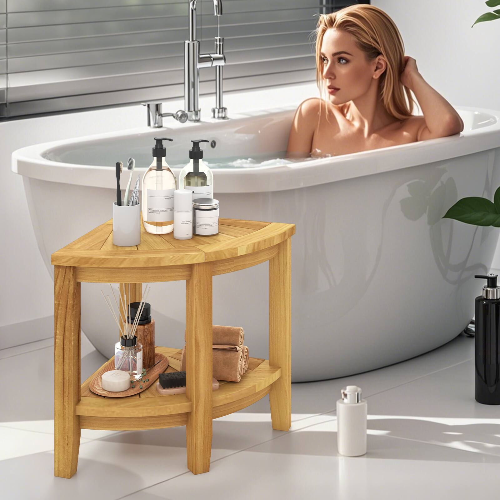 Alt View 8. Gymax - Gymax Corner Shower Stool Teak Wood Shower Bench w/ Storage Shelf Bathroom Foot Stool - Natural.