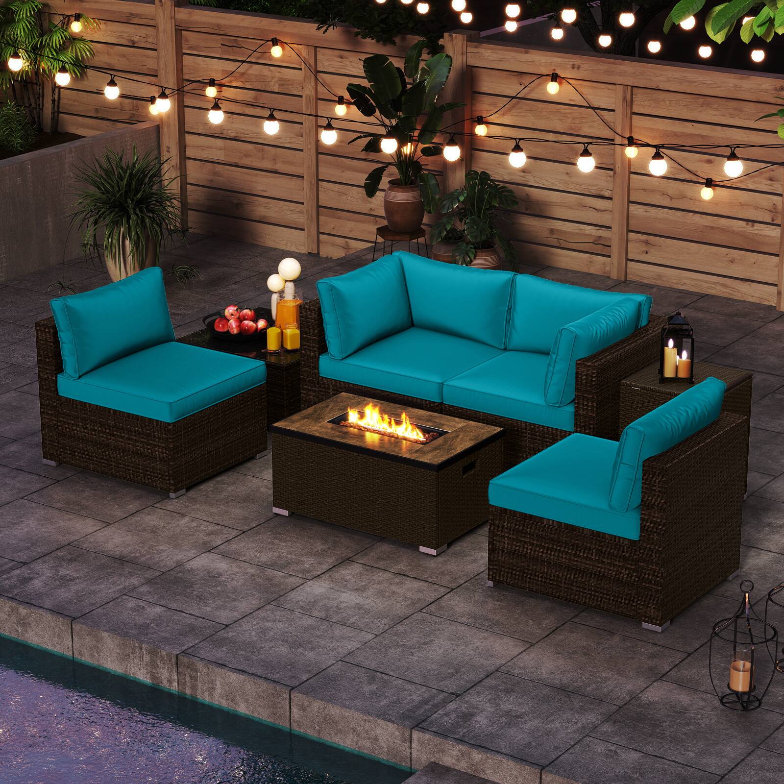 Alt View 4. Costway - Costway 7 Pieces Outdoor Furniture Set with 32" Fire Pit Table and Propane Tank Cover - Turquoise.