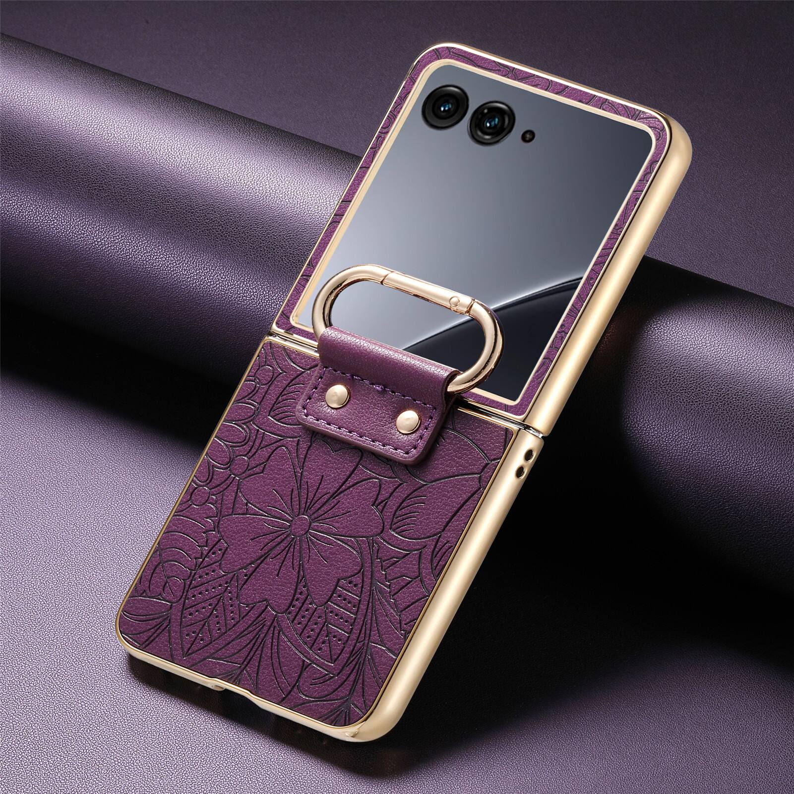 Alt View 4. Dteck - Shockproof Leather Texture Case for Motorola Razr Ultra (2025), Electroplated Rigid Plastic Cover with Ring Holder Stand - Purple.