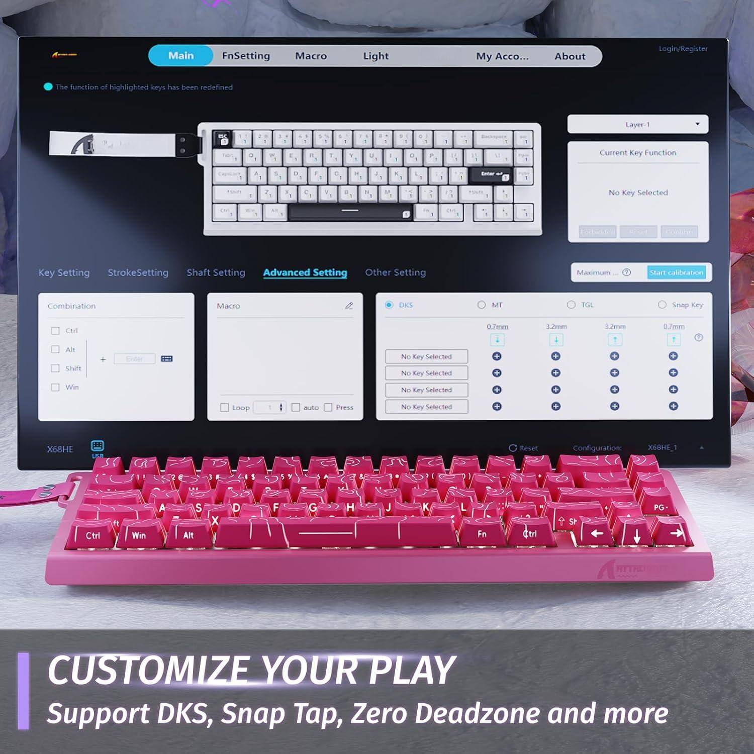 Sure, here is the corrected and grouped text from the image:

---

**Main FnSetting Macro Light My Acco... About Login/Register**

The function of highlighted keys has been redefined.

**Layer-1**

**Current Key Function**

No Key Selected

**Key Setting**

- Combination
  - Ctrl
  - Alt
  - Shift
  - Win

**StrokeSetting**

**Shaft Setting**

**Advanced Setting**

- DKS
- MT
- TGL
- Snap Key

**Other Setting**

- Maximum
- Start calibration

**Macro**

- No Key Selected
- No Key Selected
- No Key Selected
- No Key Selected

**Reset Configuration: X6SHE**

**CUSTOMIZE YOUR PLAY**

Support DKS, Snap Tap, Zero Deadzone and more

---

This text is organized to reflect the layout and content of the image.