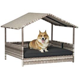 Pawhut - Wicker Dog House Outdoor, Canopy, Rattan Bed, Water-resistant Cushion, 66 lbs, 19.75", Gradient Wicker & Cushion - Gray