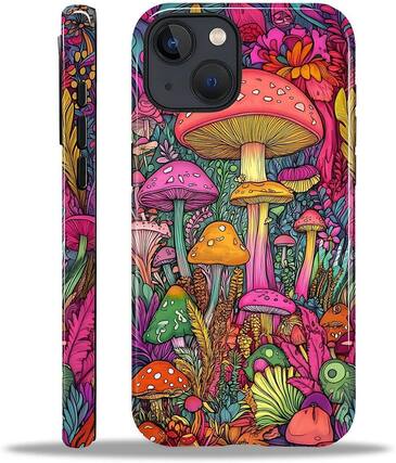 Front. Wikistore - Case for iPhone 14/13 - Hybrid 2-Layer Durable Smartphone Protection Case - Psychedelic Mushrooms.